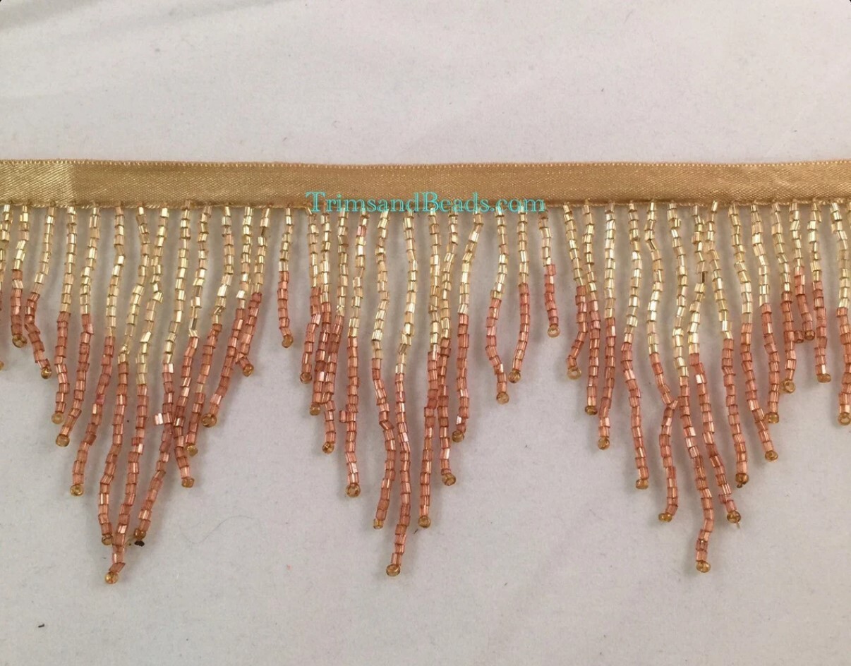 3″ GOLD/COPPER Glass BUGLE Bead CHEVRON Ombre Beaded Fringe Trim Variegated