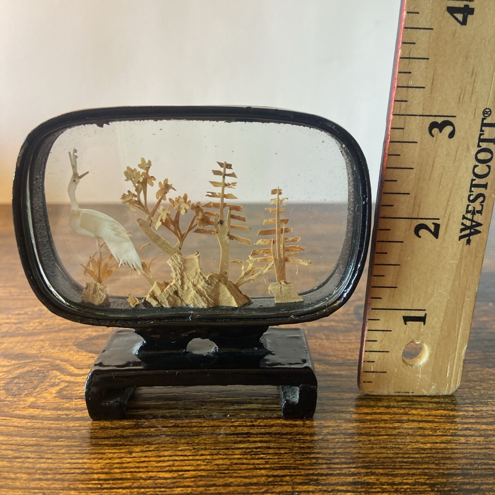 Vtg. Carved Cork Chinese Art Diorama with Cranes Pagoda and Trees Black Lacquer