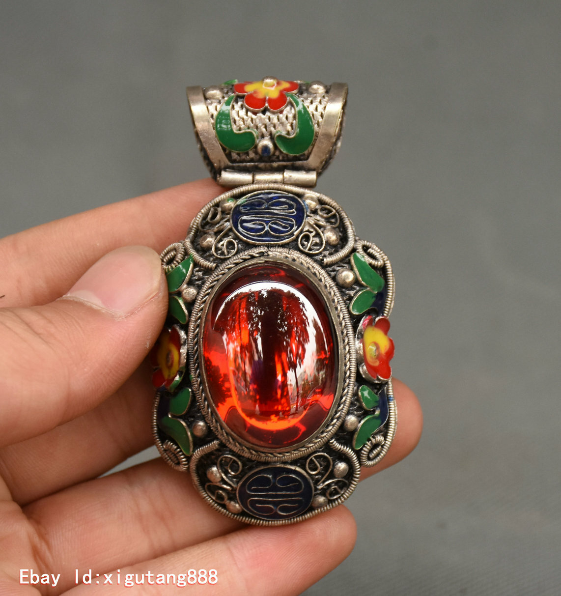 Chinese tibet silver Cloisonne Enamel Inlay Red Gem Lucky flower amulet pendant