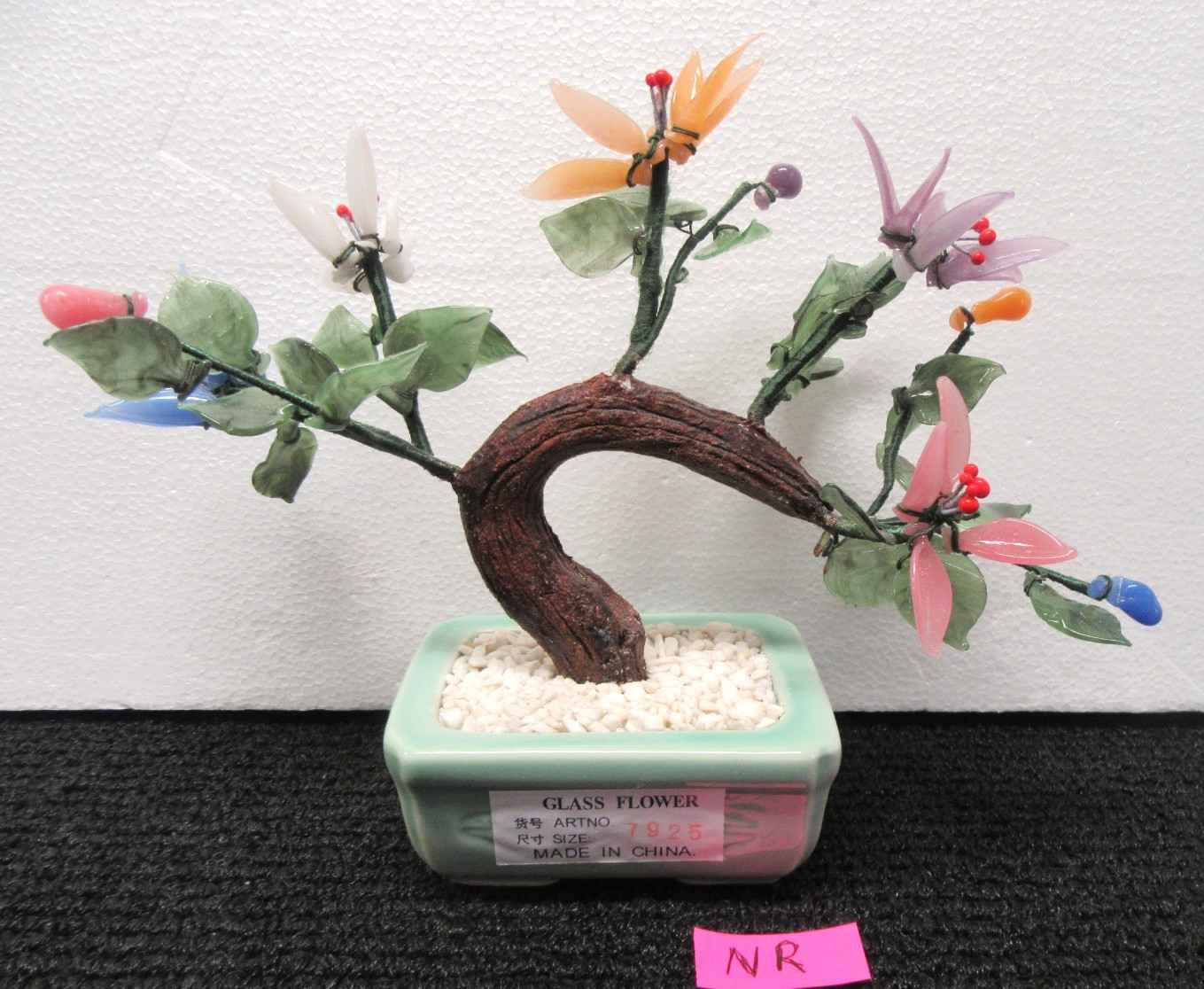 Vintage Chinese Jade Glass Bonsai Tree 10″ W x 8″ T Multi Color Flowers #NR
