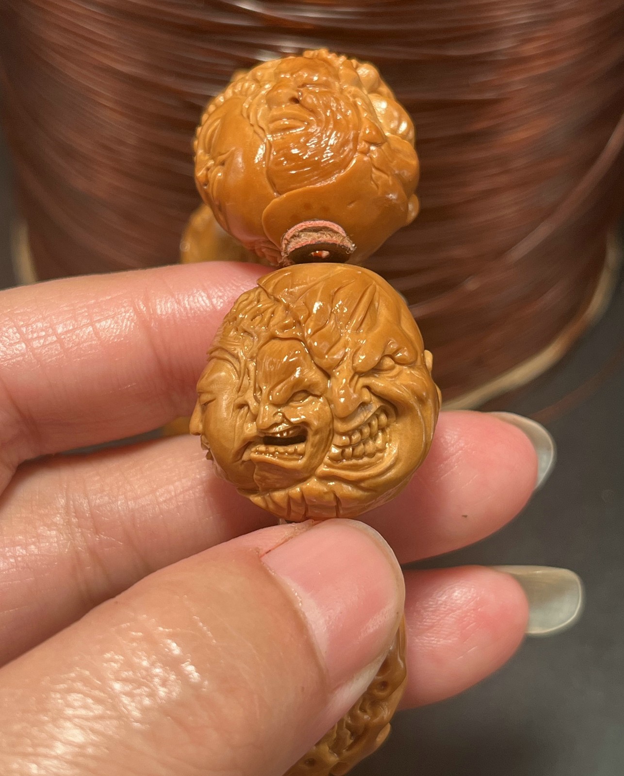 Large Olive Dentoliva Deep Relief Carving “Good Vs. Evil” Fierce Monk Bracelet