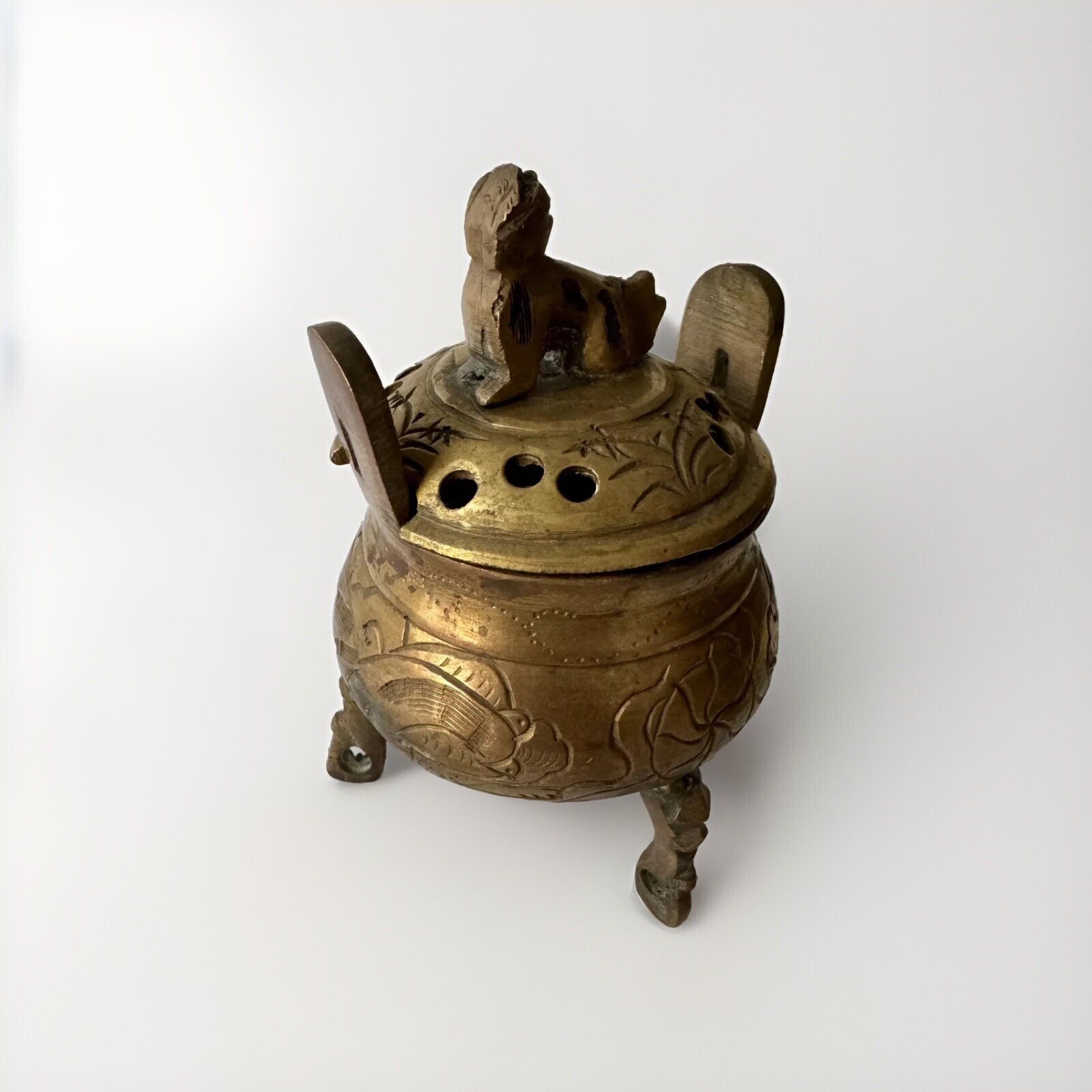 Vintage Chinese Brass Footed Incense Burner Holder Tri pod pot With Lid – Marked