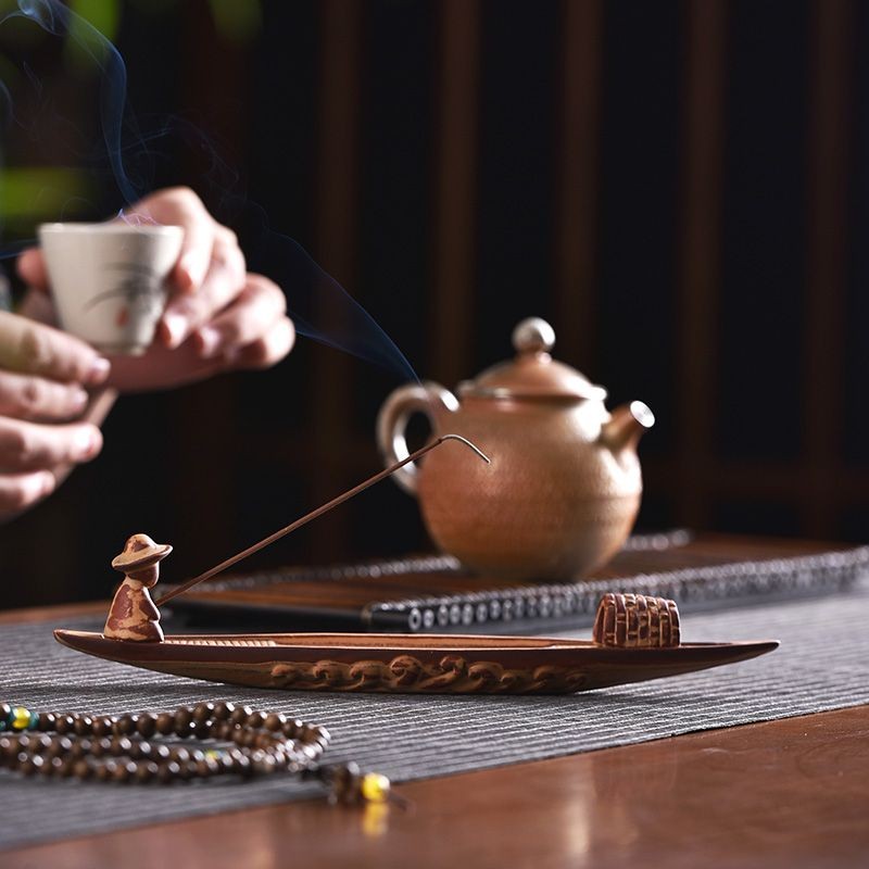 Chinese Leaf Boat Incense Holder Ceramic Stick Base Home Office Ornament Gift