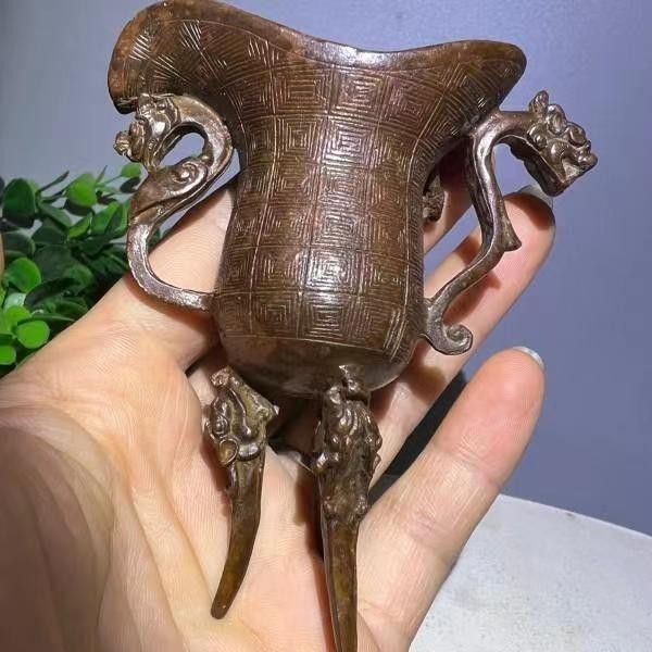 Old Chinese Copper Alloy Three-Legged Auspicious Beast Wine Vessel
