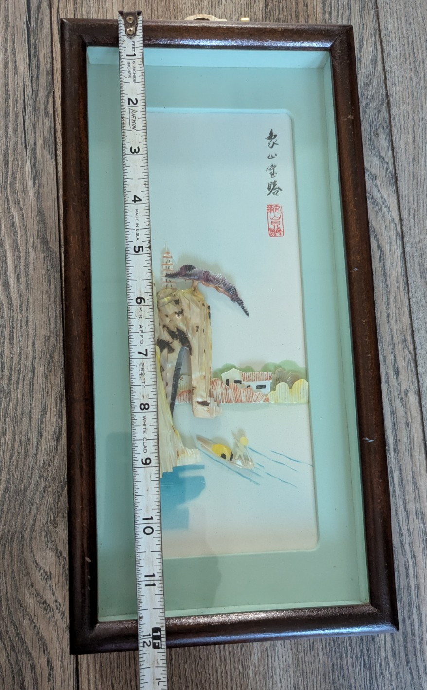 Vintage Chinese Mother Of Pearl Shell Art Village Pagoda Diorama Shadow Box
