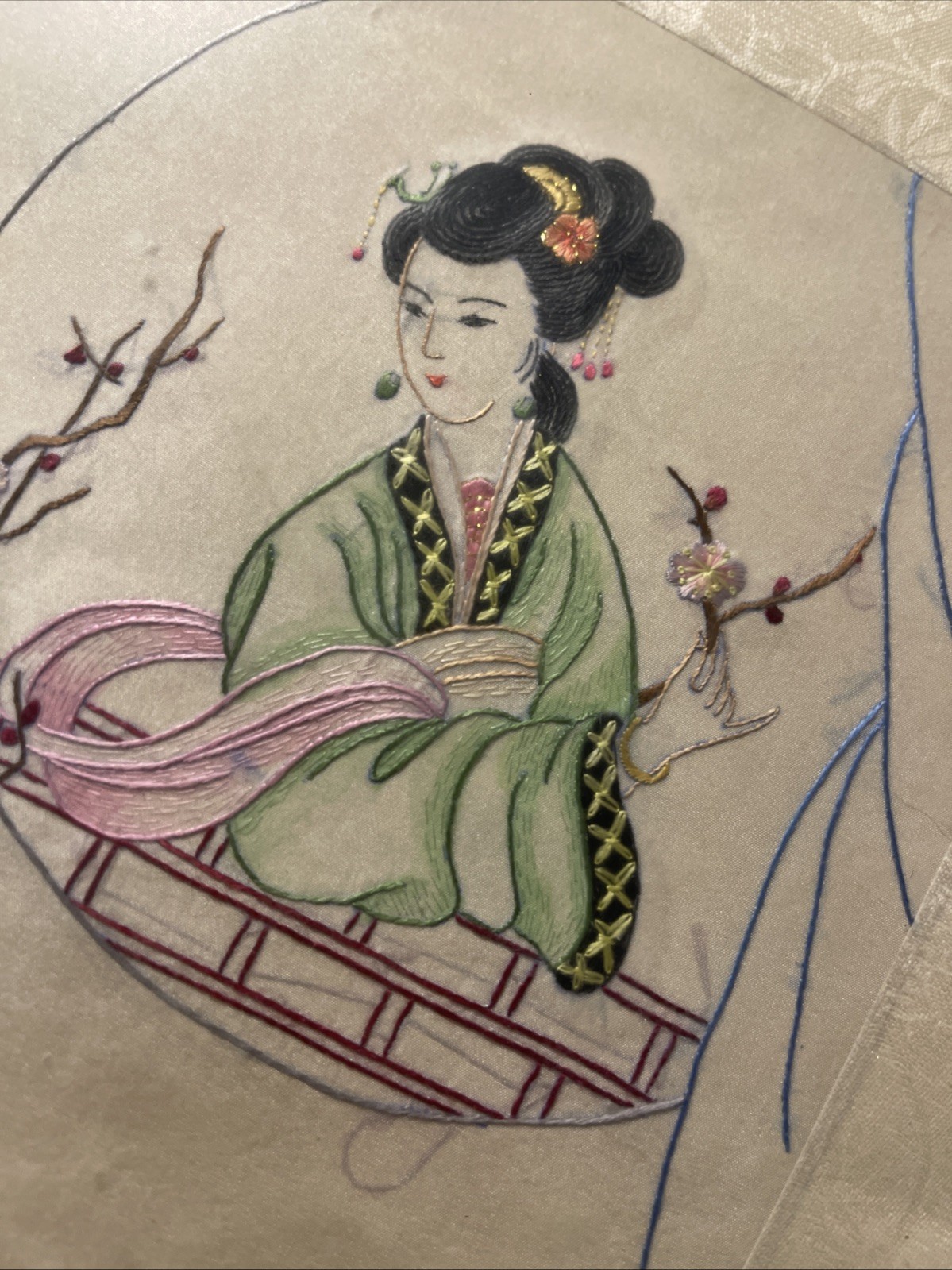 Vintage Framed Asian Figural Art Woman on Swing Blossoms Signed 12.5×14.5