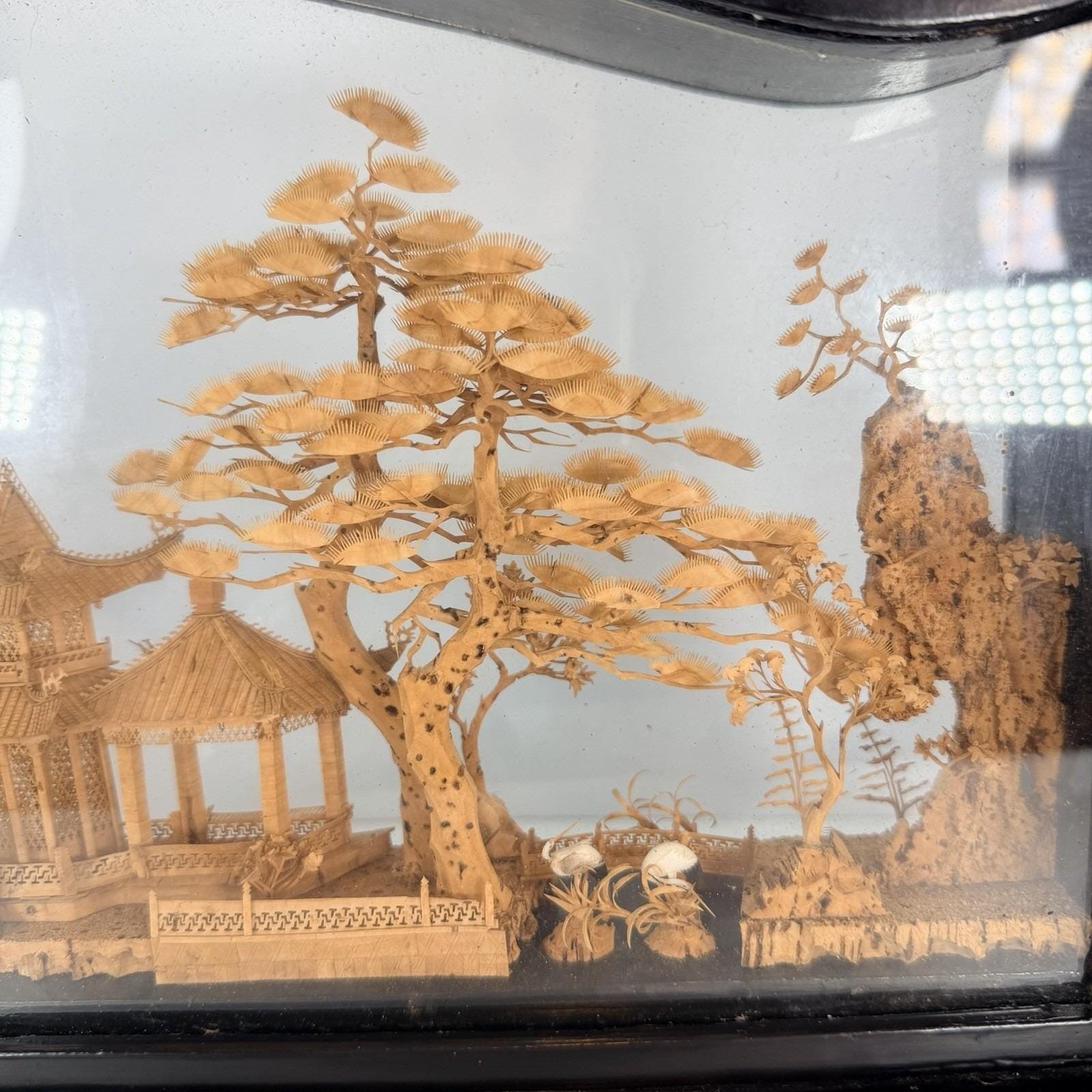 Vintage San You Chinese Cork Diorama Glass Case Black Wood Plinth 19.5×10″x3.5″