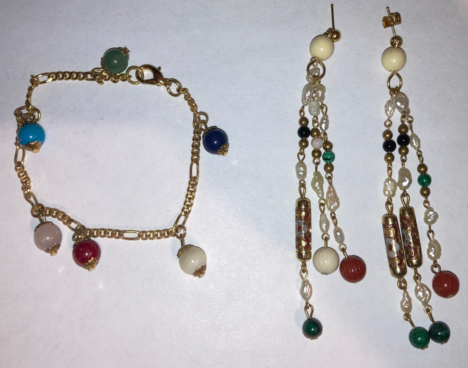 3.75” Vintage Chinese Enamel Cloisonne Coral Pearls Dangle Earrings Bracelet 7”