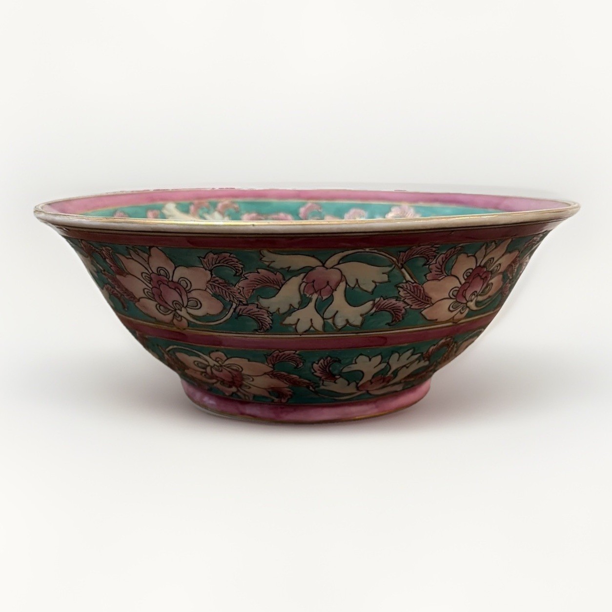 Vtg Chinese Enamel Cloisonné Bowl & Stand Made In Macau Green Mauve White Gold