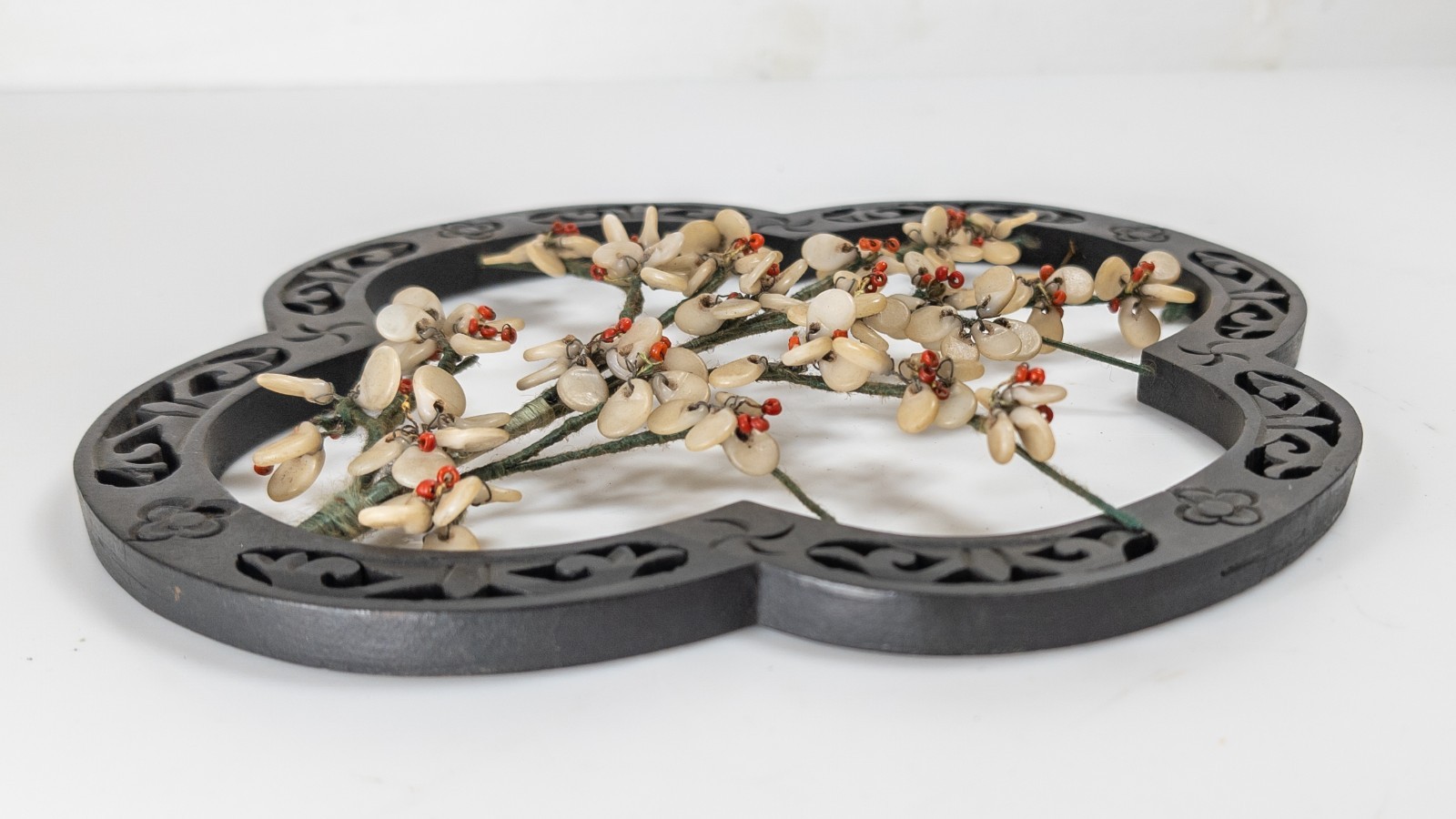 Vintage Chinese Faux Jade Peking Glass Prunus Flower Wall Hanging