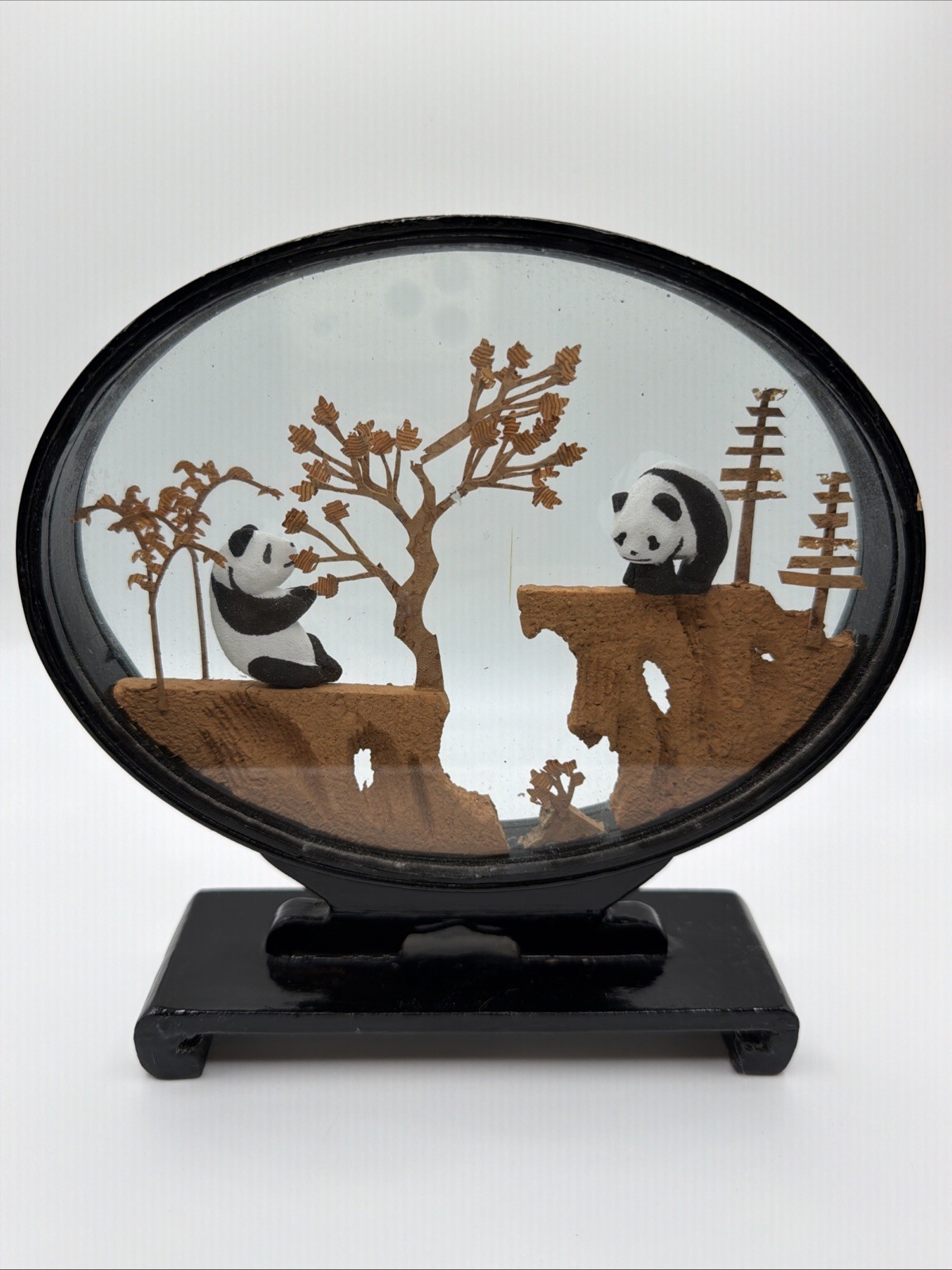 Vintage Hand Carved Chinese Asian Cork Diorama 3D Scene Tree Bamboo Panda