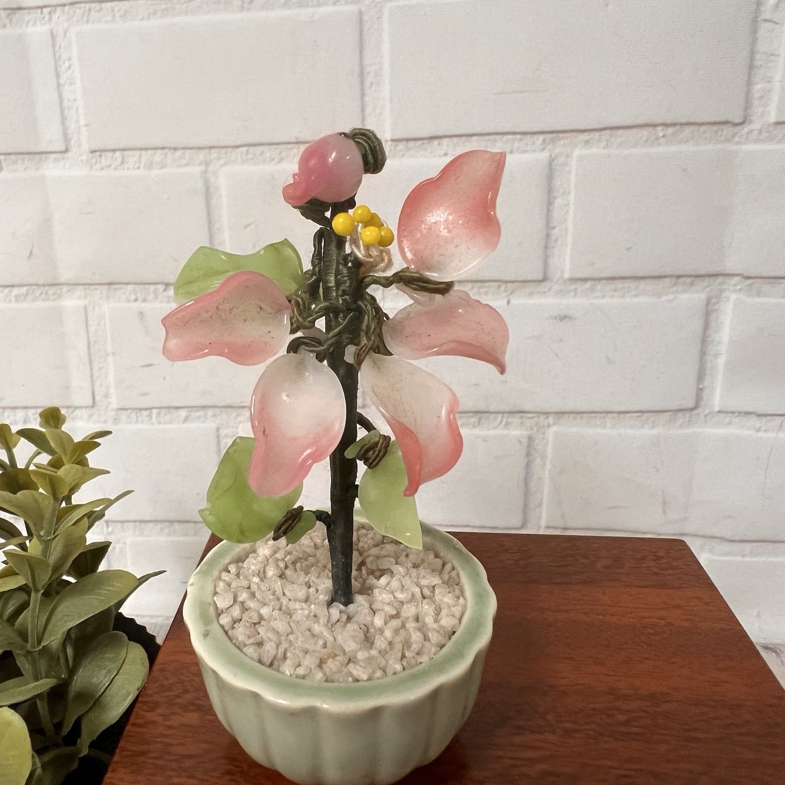 Vintage Jade Glass Bonsai Tree pink Flower Rose Quartz Celadon Pot small 4”