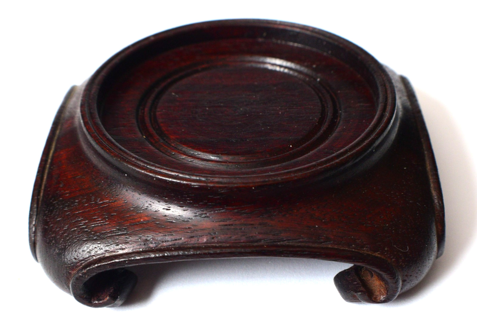 Vintage Chinese Round Brown Wood Stand w/Square Scroll base 2 1/2″ diam top S30