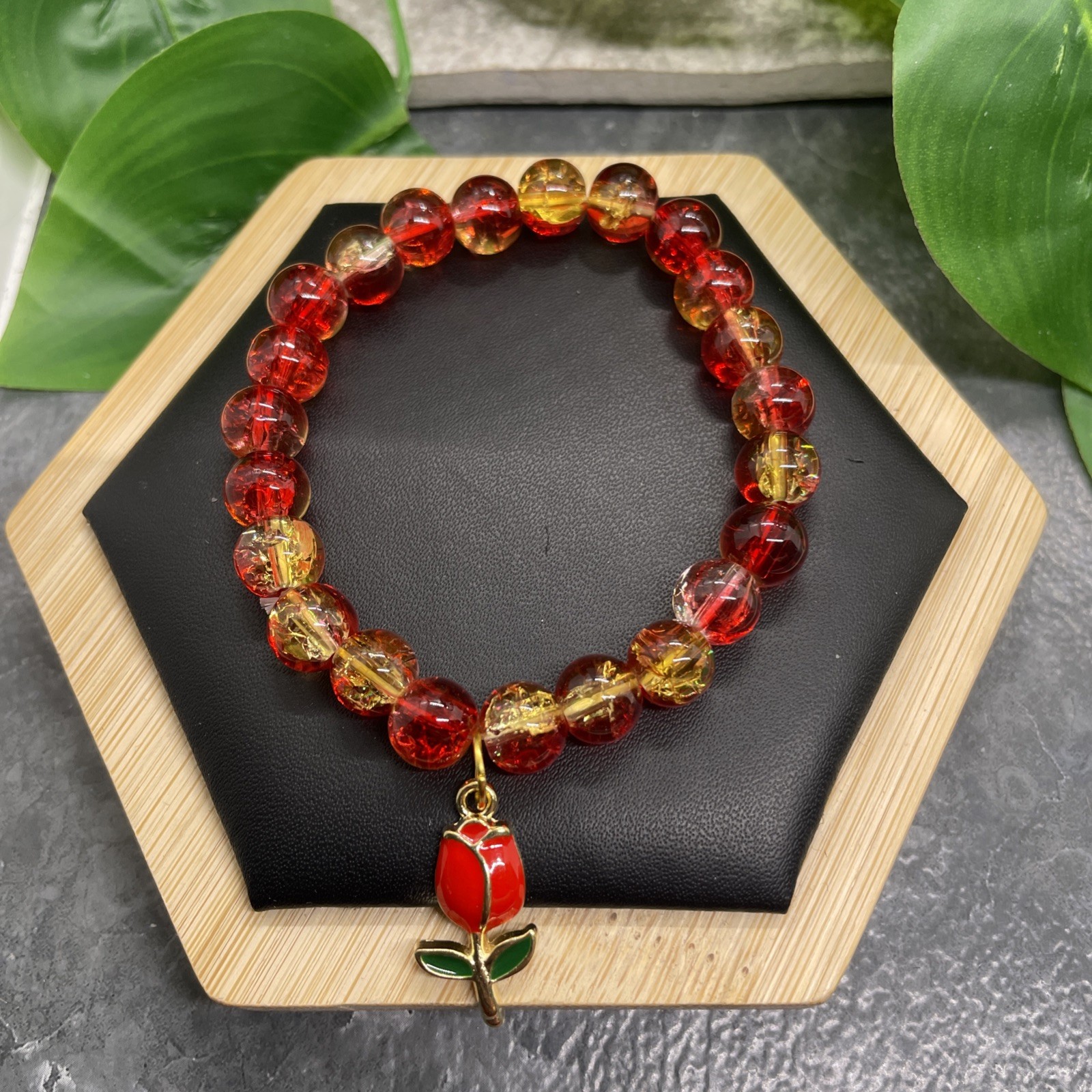 6.5” Plus Stretch Bracelet Stone/Glass Bead Enamel Tulip Charm New B89