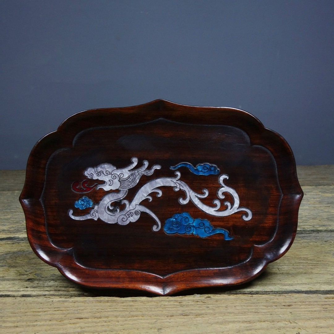 Vintage Sandalwood Inlaid Abalone Dragon Tea Tray Decor 18.5cm