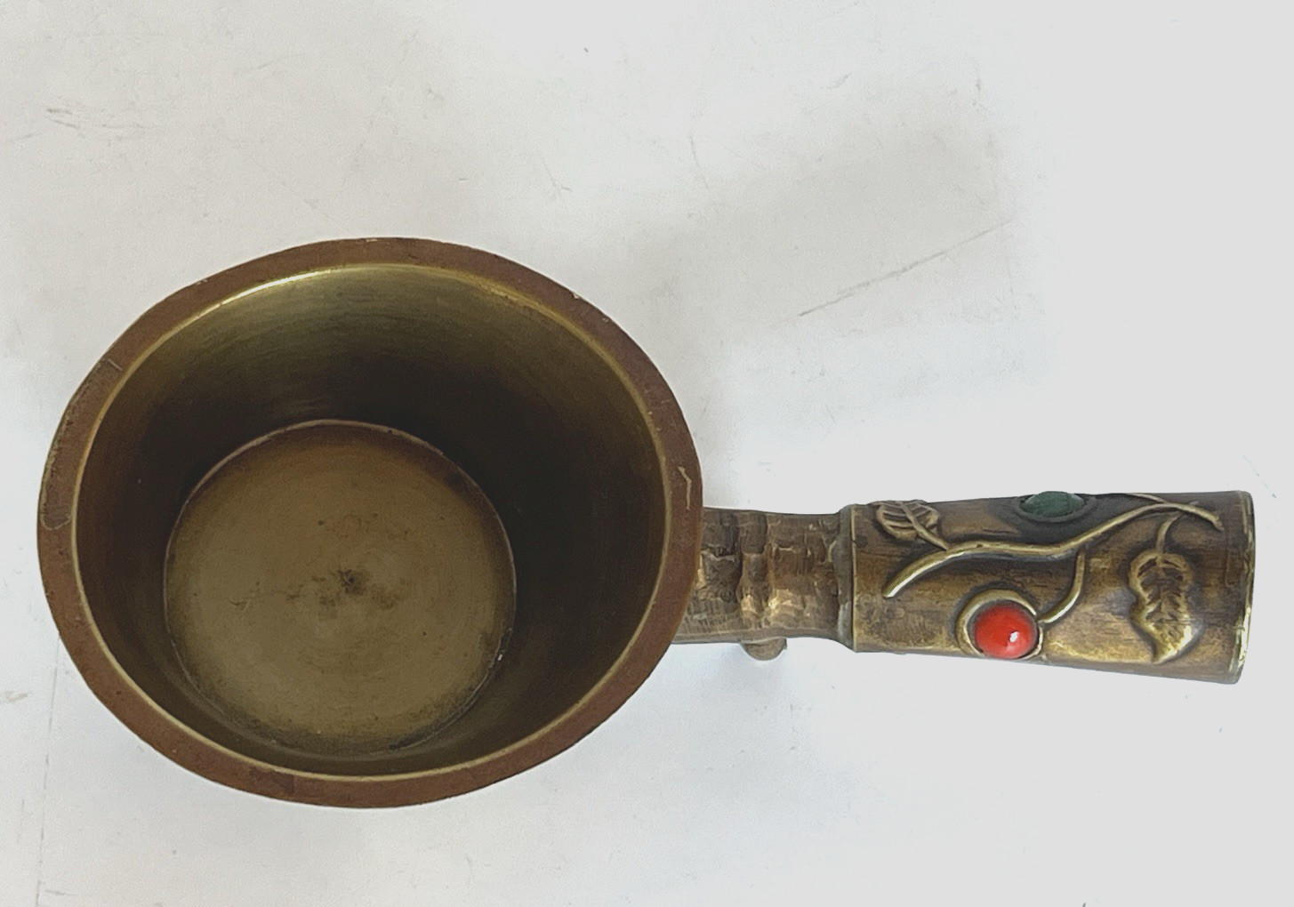 Vintage Brass Chinese Silk Coal Iron Floral Design Enamel Insets on Handle