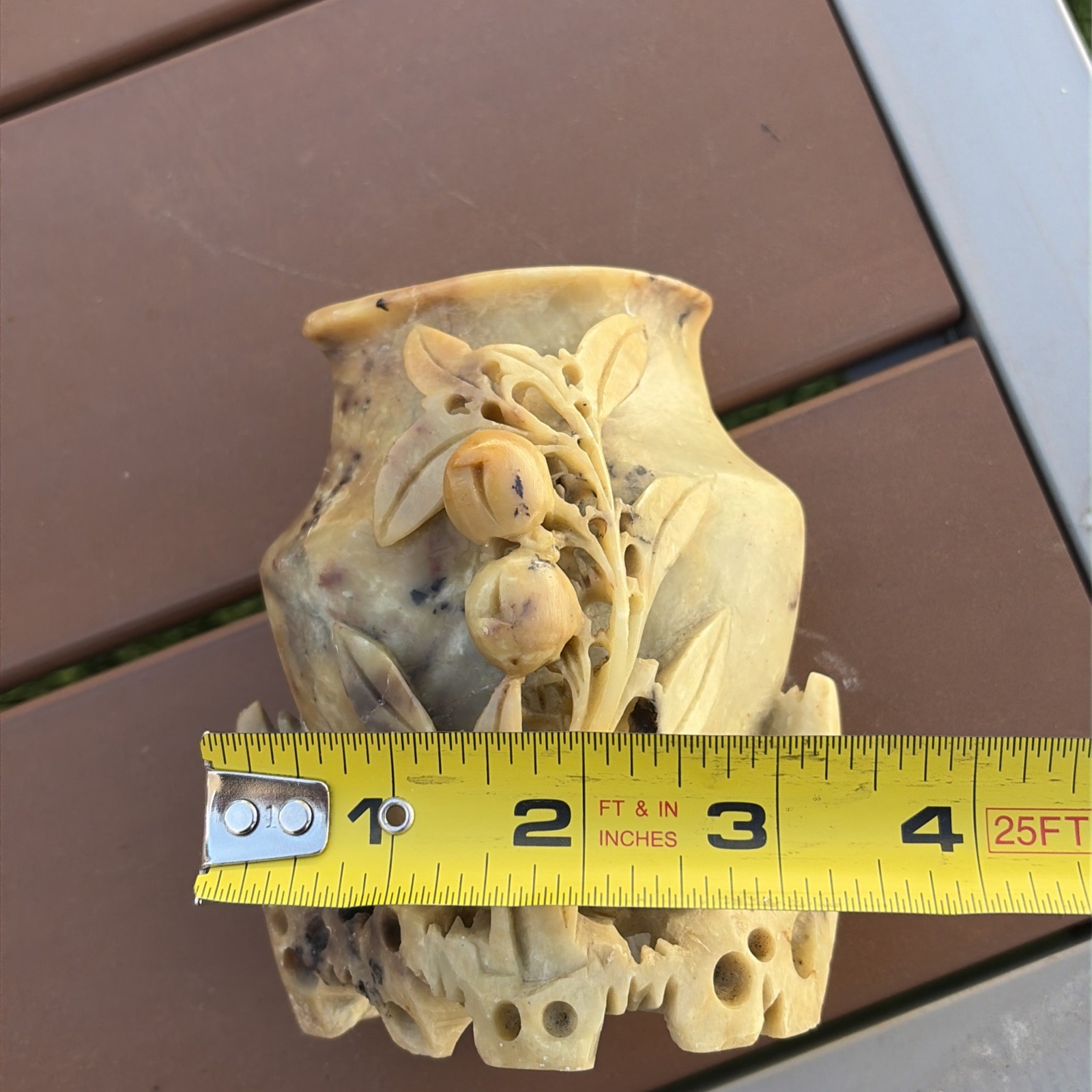 Vintage Chinese Soap Stone Carved Flowers in Sculptured Vase 4 1/2 Inches