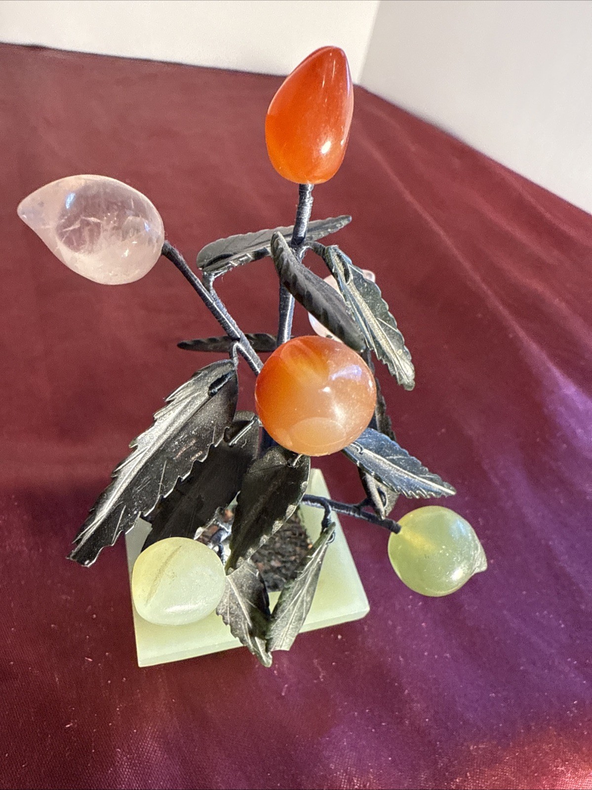 Vintage Jade & Gemstone Bonsai Tree – Carnelian Rose & Jade Floral Sculpture 5″