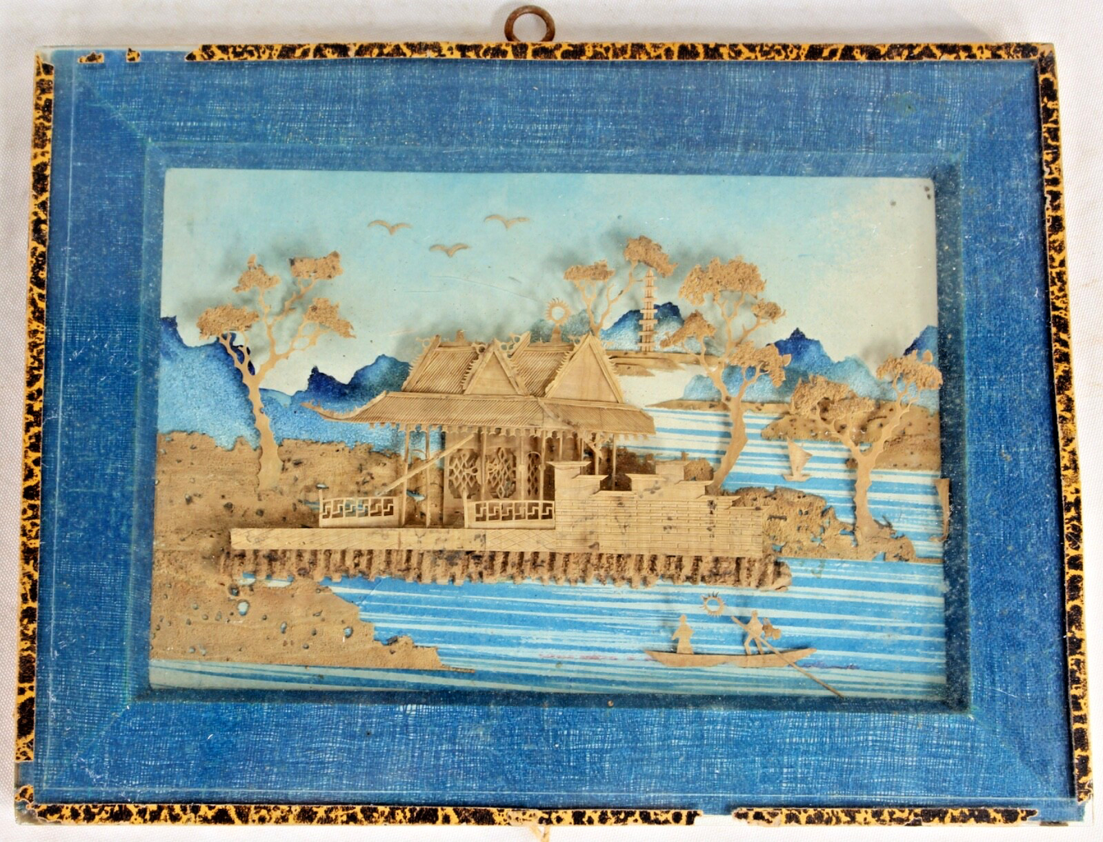Antique Chinese Asian Miniature Wood Carving Village Scene Signed Stamp Framed