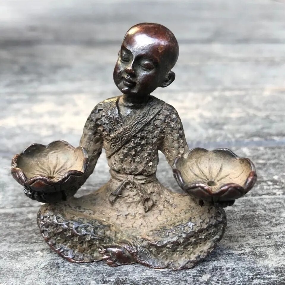 Pure Copper Incense Burner Ornaments Young Monk Holding Lotus Candlestick Stove
