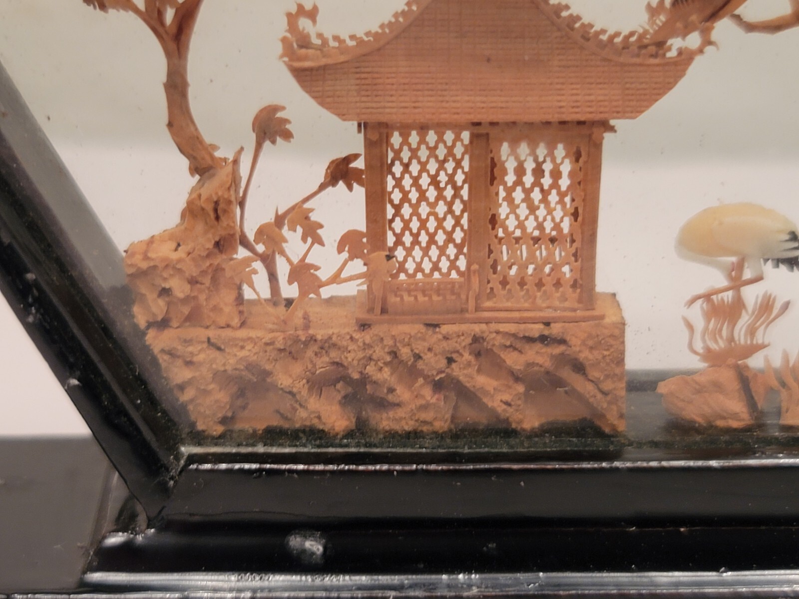 Chinese Cork & Wood Diorama Hand Carved Asian Crane Pagoda Tree Art Glass