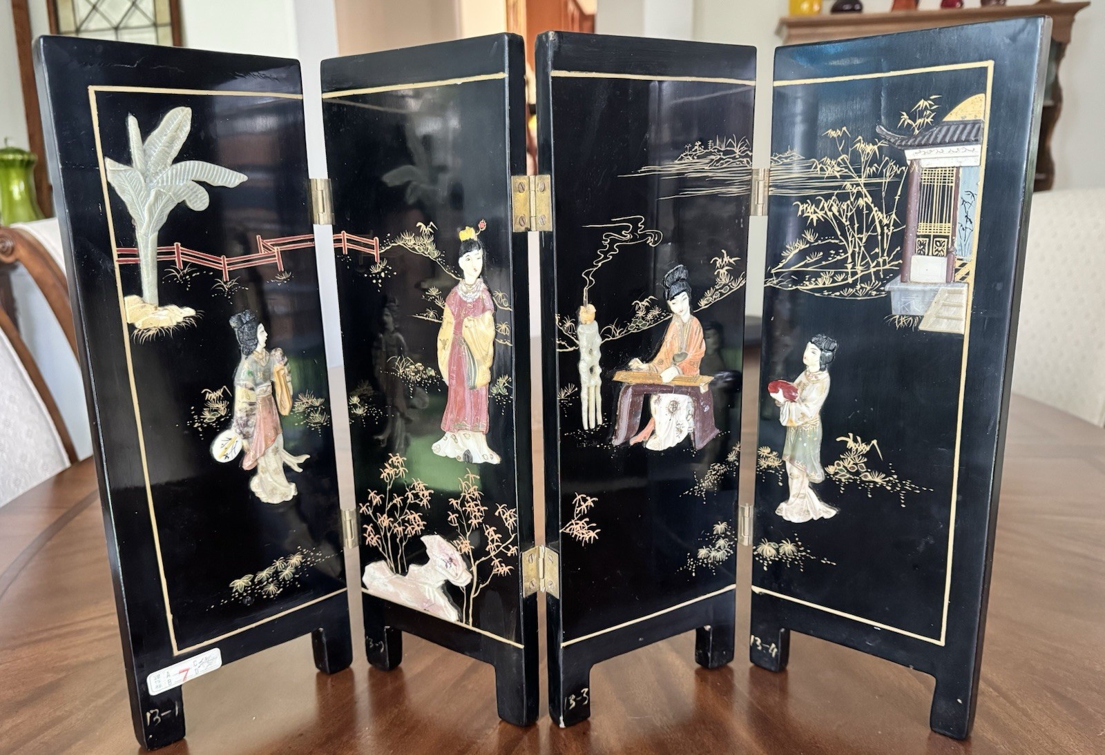 Vintage Table Top Chinese Folding Screen Carved Mother of Pearl Asian 4-Panel