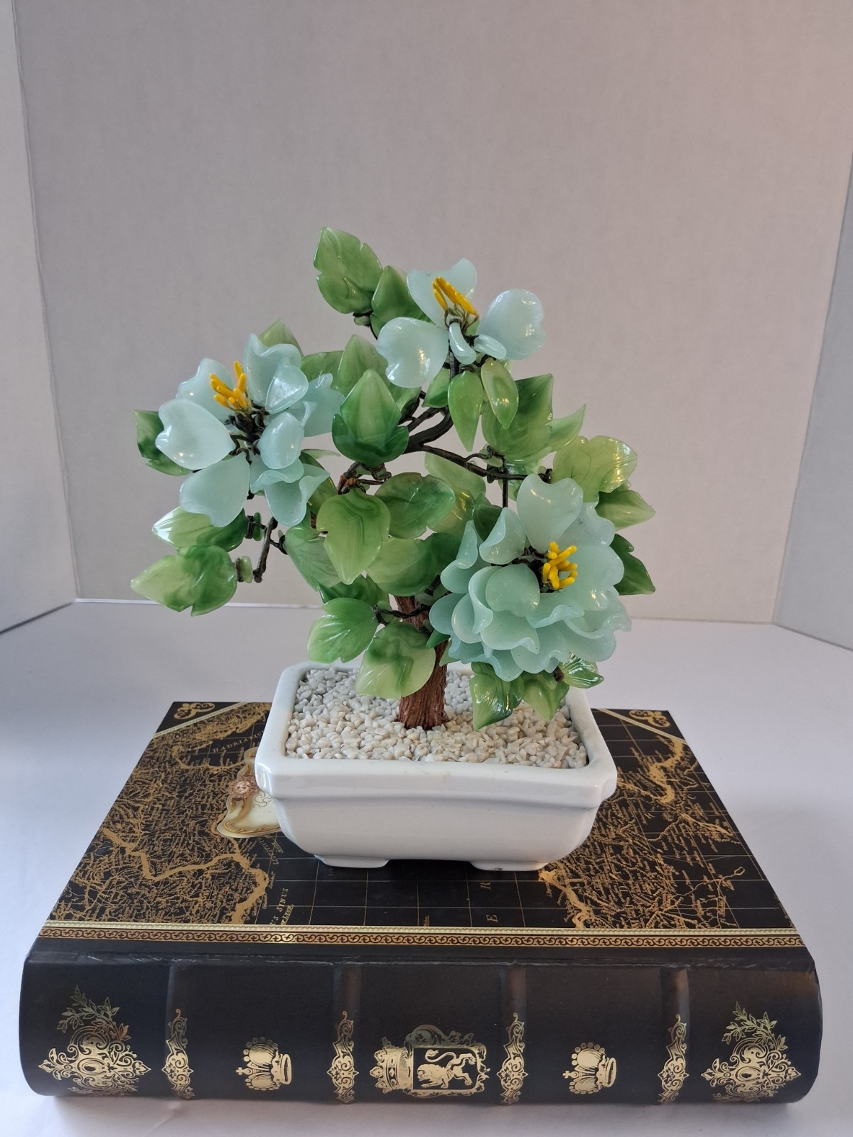 Vtg 1980’s Aqua Blue Peking Glass Blossomed & Jade-Stone Leaf Bonsai Tree; EUC!