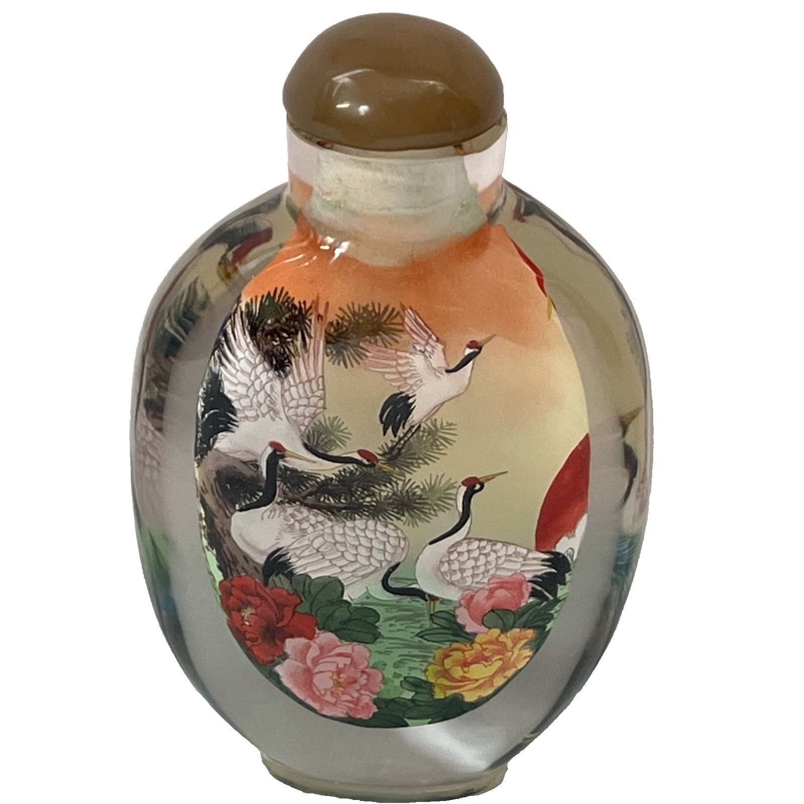 Vintage Chinese Reverse Painted Glass Snuff Bottle Crane Peony Pine Tree