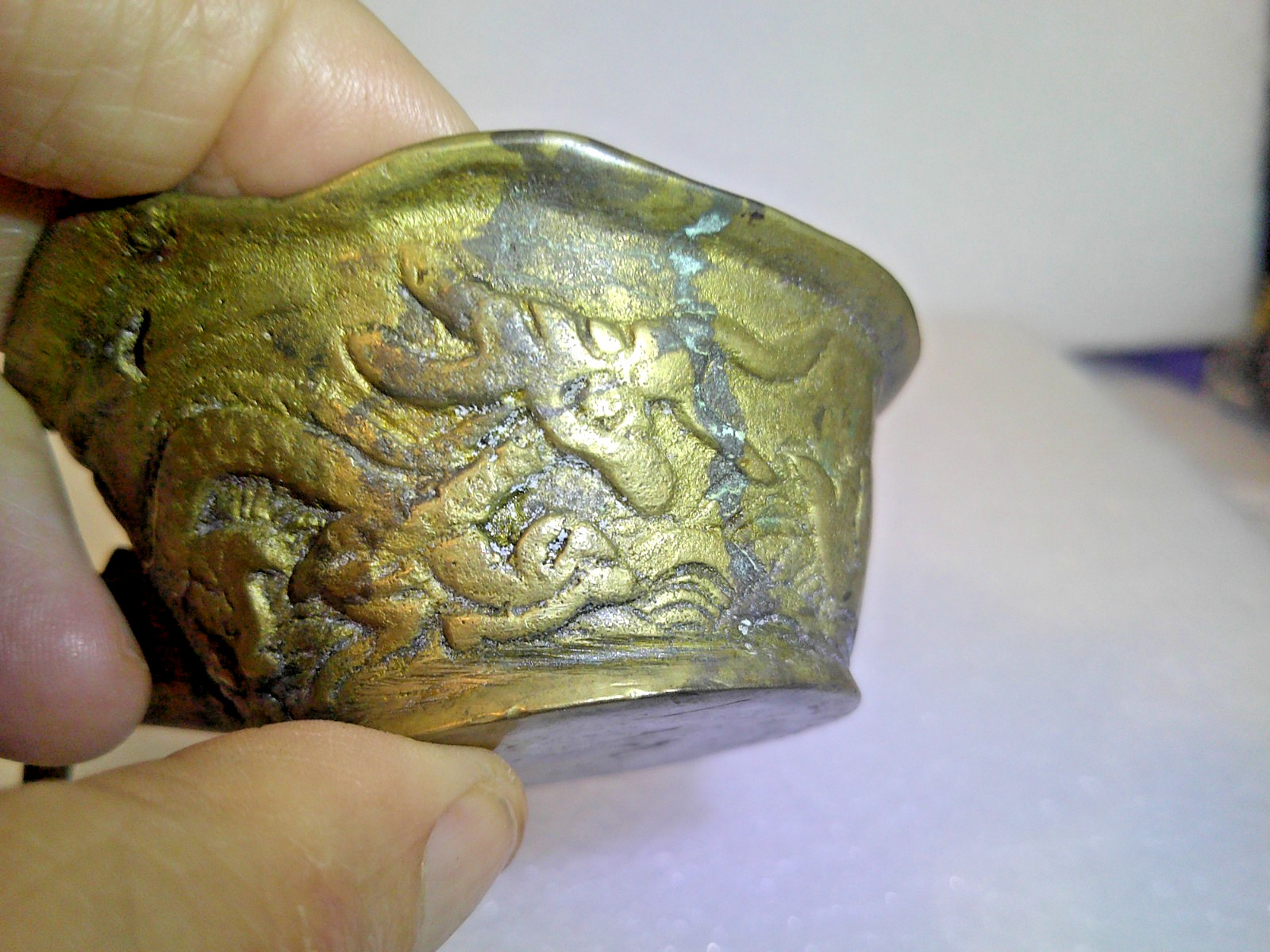 VINTAGE BRASS CHINESE CHARCOAL IRON ENAMEL HANDLE