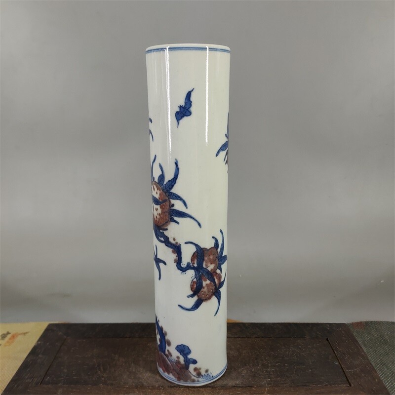 9.2″China Qing Blue White Porcelain Red Glaze Longevity Peach Bat Incense Tube