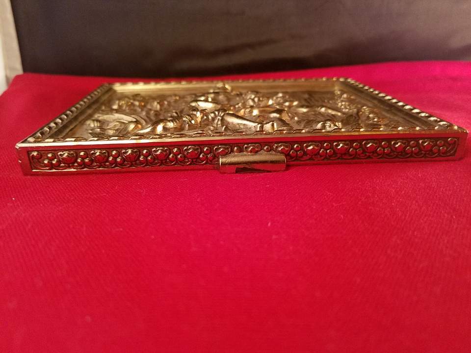Vintage Couple with Dog & Two Cherubs Embossed Brass Trinket Box Cover Lid 6×5″