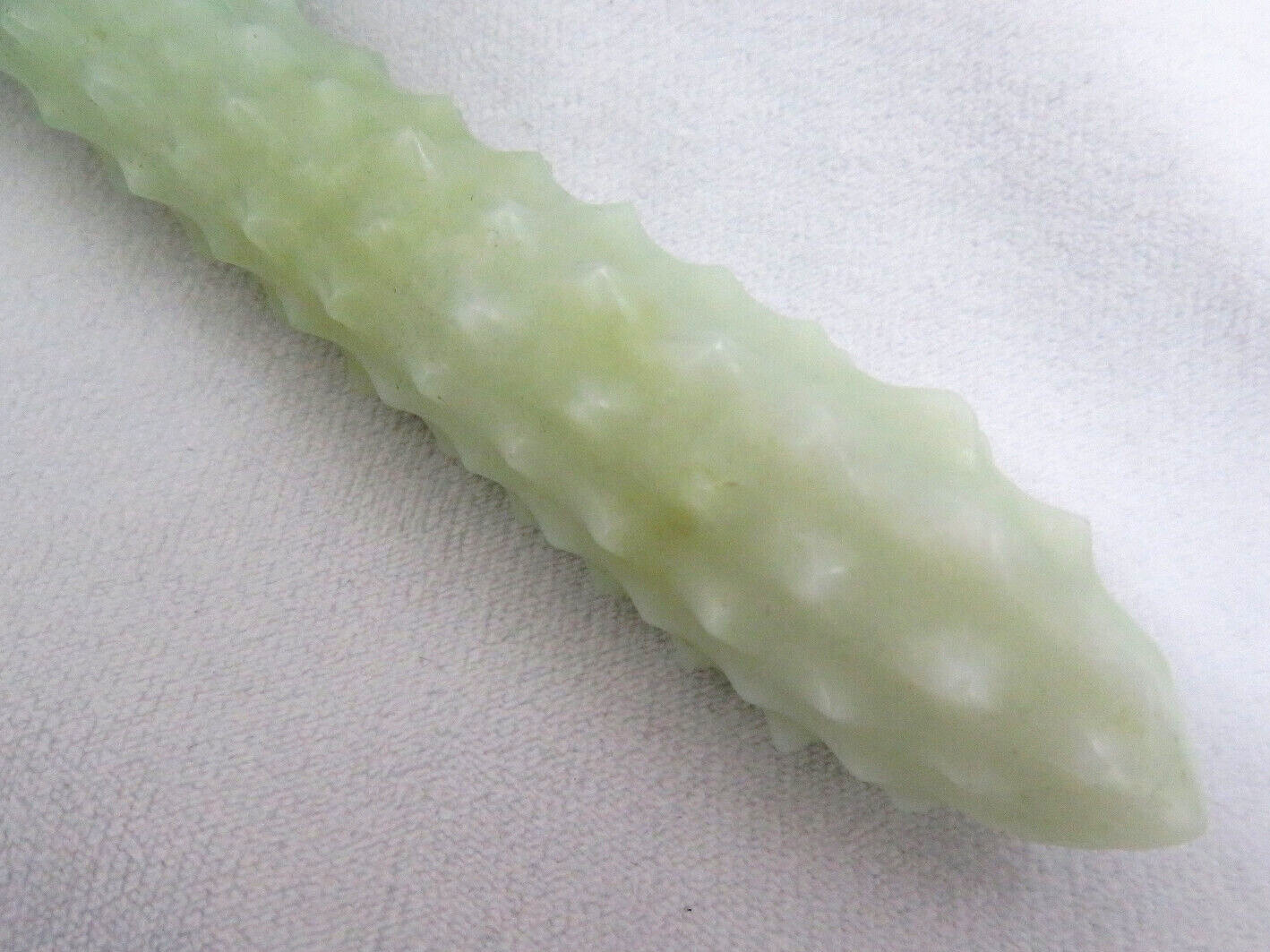RARE Chinese Green Jade Gemstone Prickly Cucumber & Leaves Sculpture 11″ Long