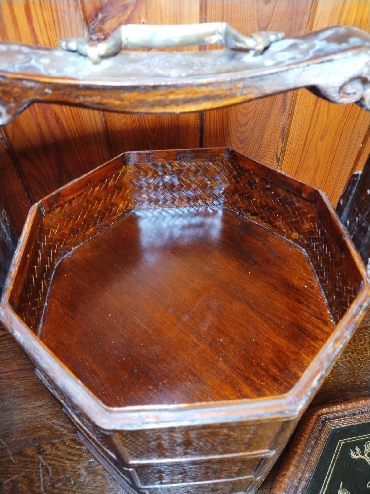 Wedding Basket Betrothal Wicker Chinese Lacquer Wood 3 Tier Octagon 20″ Tall