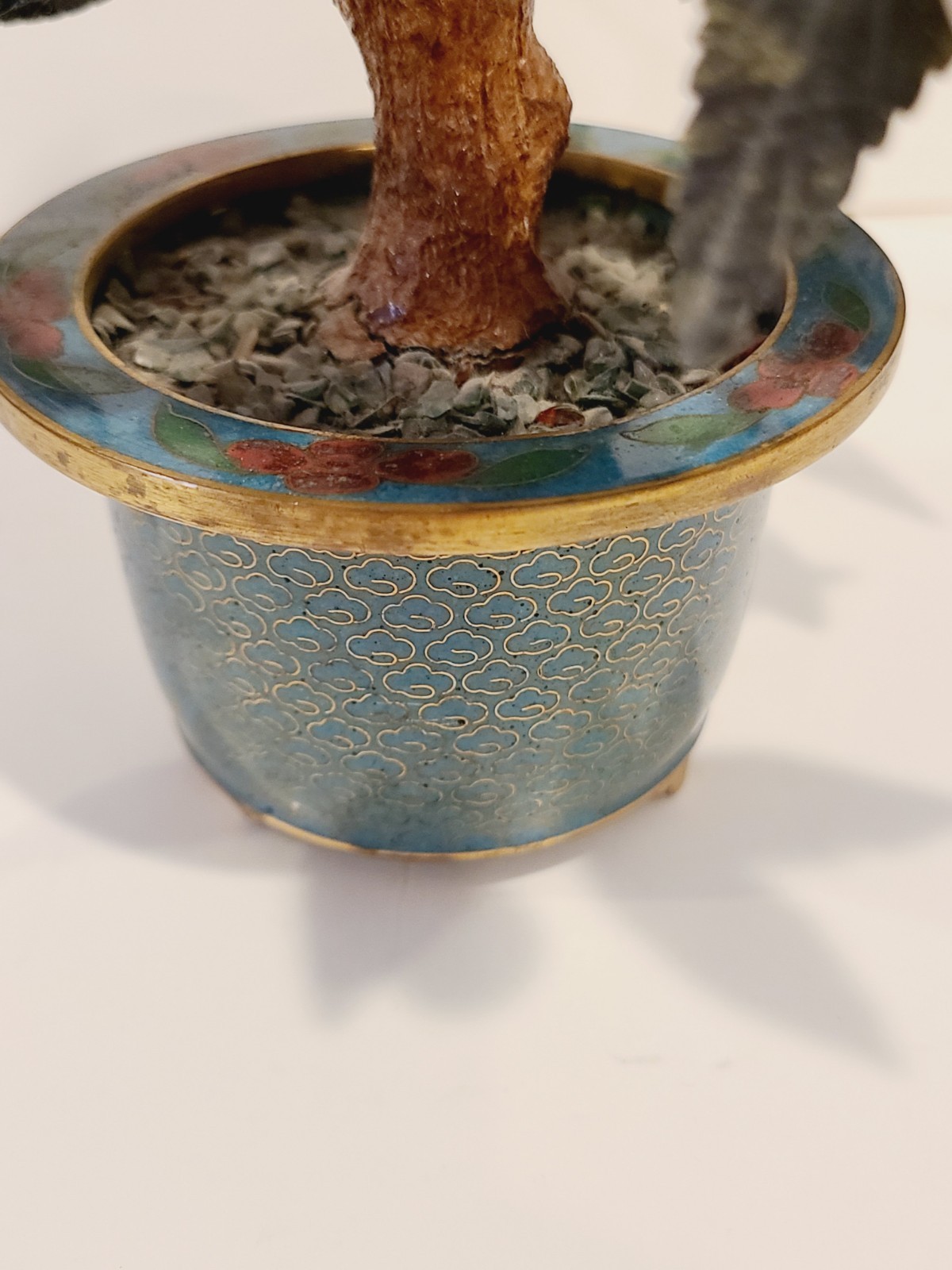 Jade Stone Bonsai Tree Cloisonne Pot Jade Quartz Peaches Cherries