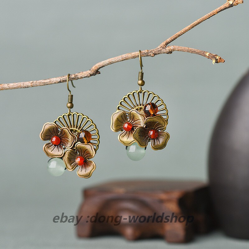 Chinese Agate/Dongling Jade Coloured Glaze Tibetan Style Vogue Earbob Earrings