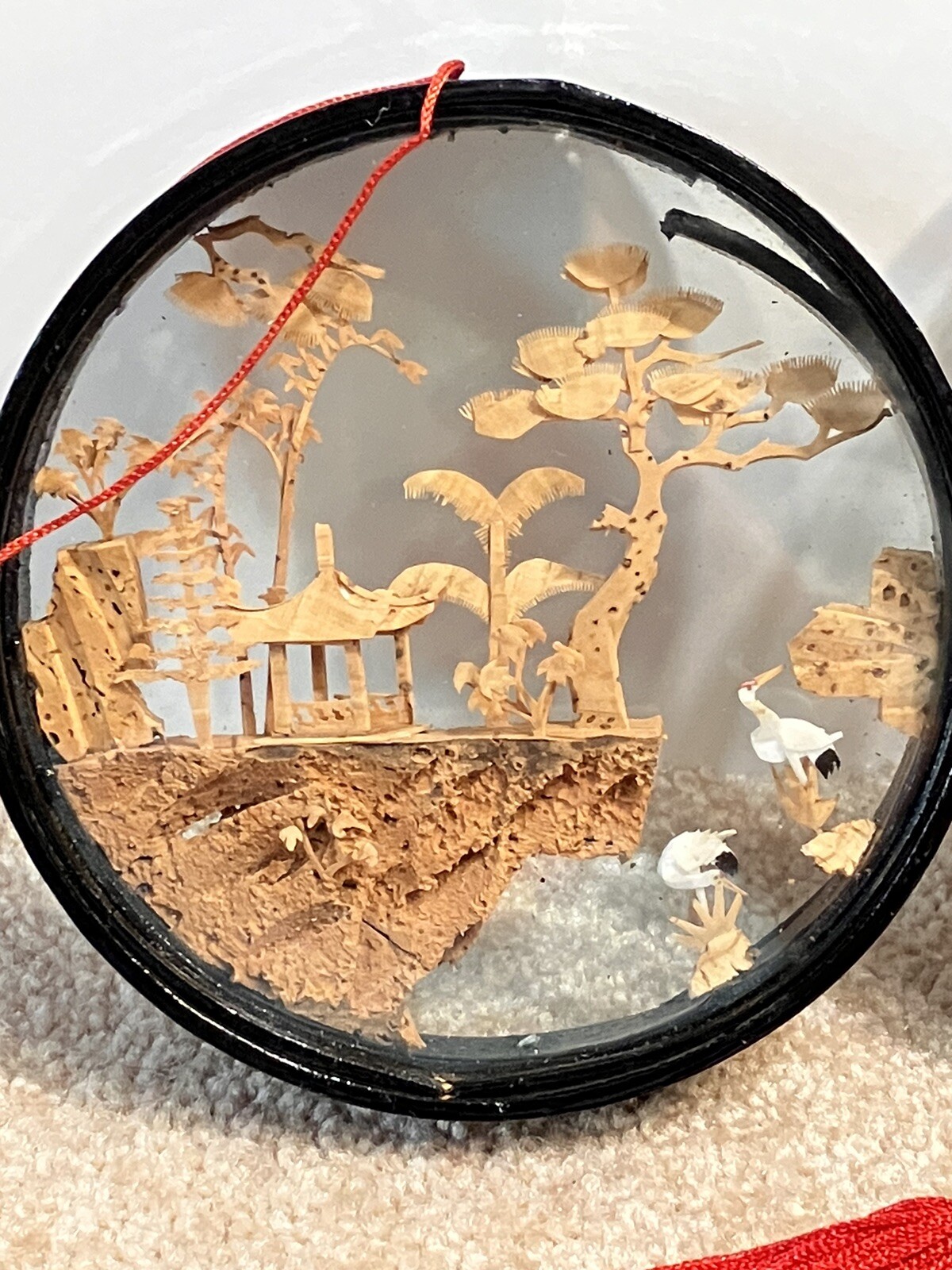 Vintage Chinese Cork Carving Diorama Set Of 2 Lot Cranes Pagoda Lacquered Wood