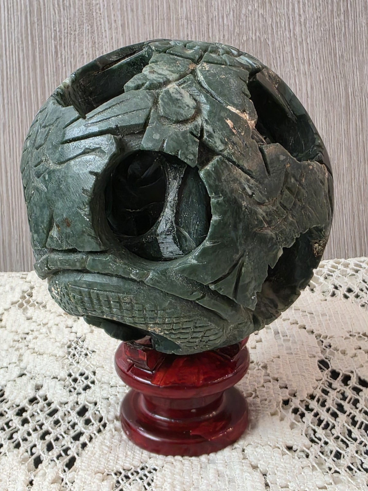 Vintage Carved Green Soapstone Chinese Puzzle Ball 4″ Mystery Sphere w/ Wood…