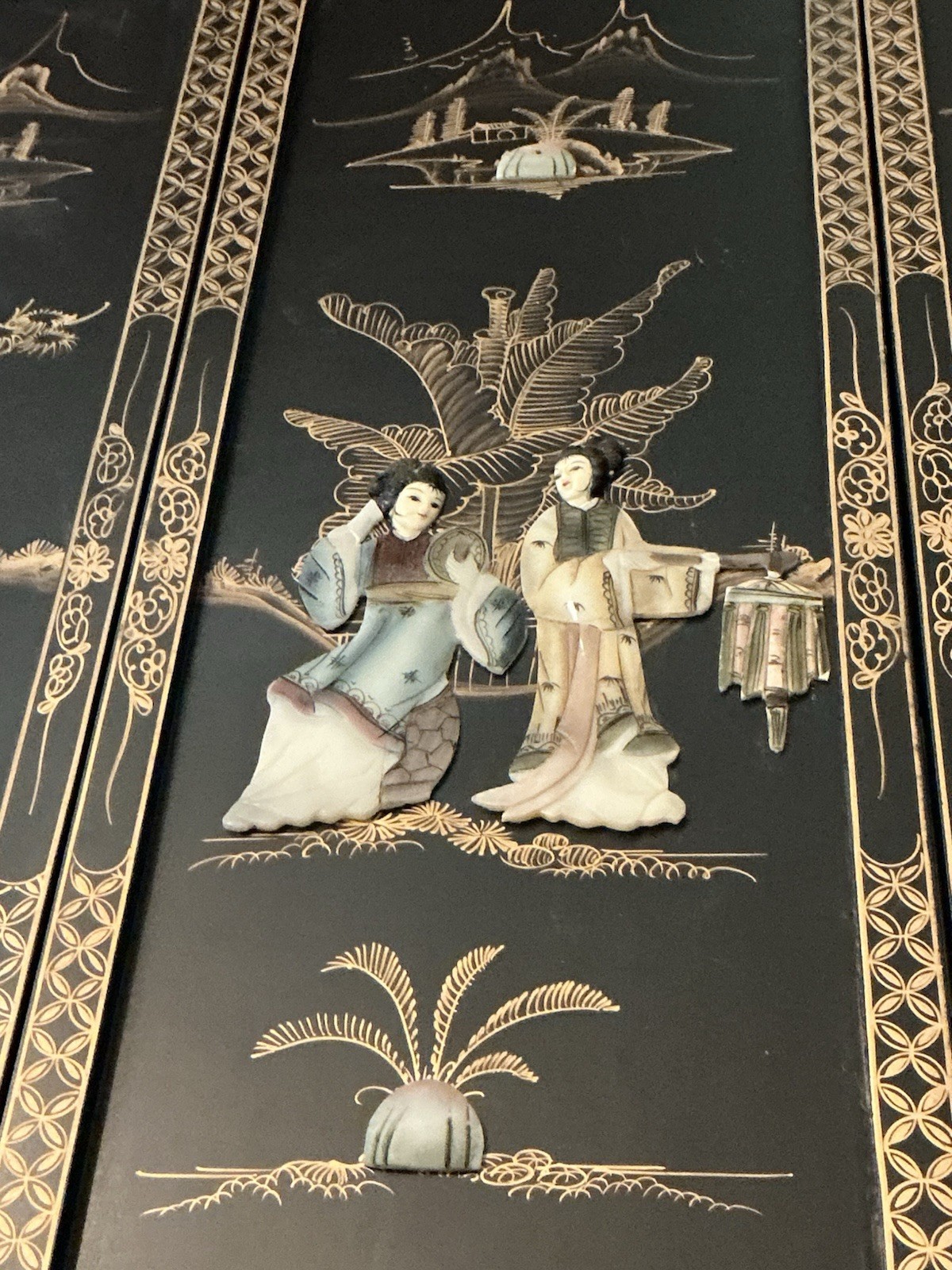 Lot Of 4 Chinese Wood Panel Wall Hanging, 12” By 36”, Used In Great Condition.