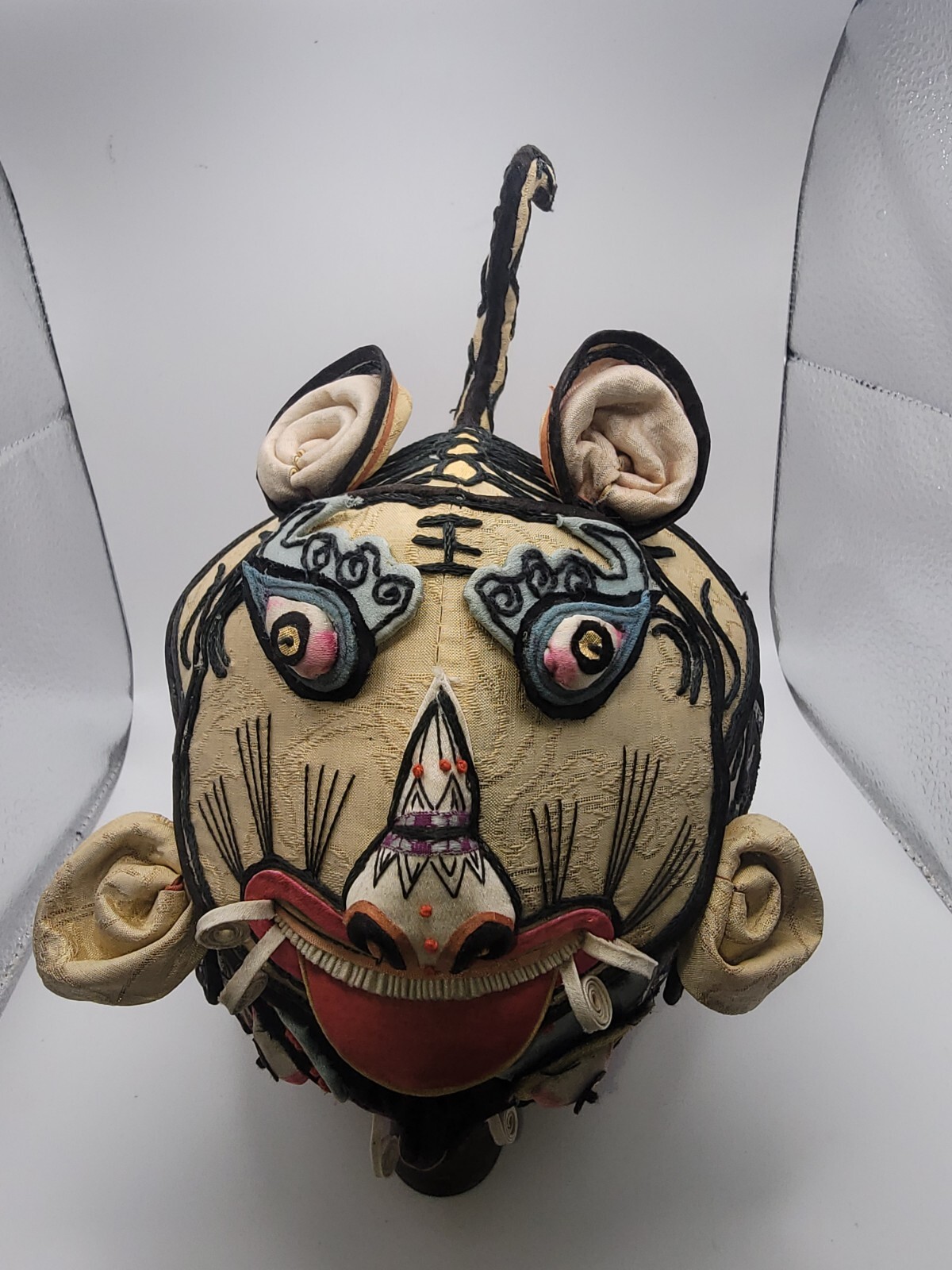 Antique Chinese Embroidered Baby Tiger Hat with Stand