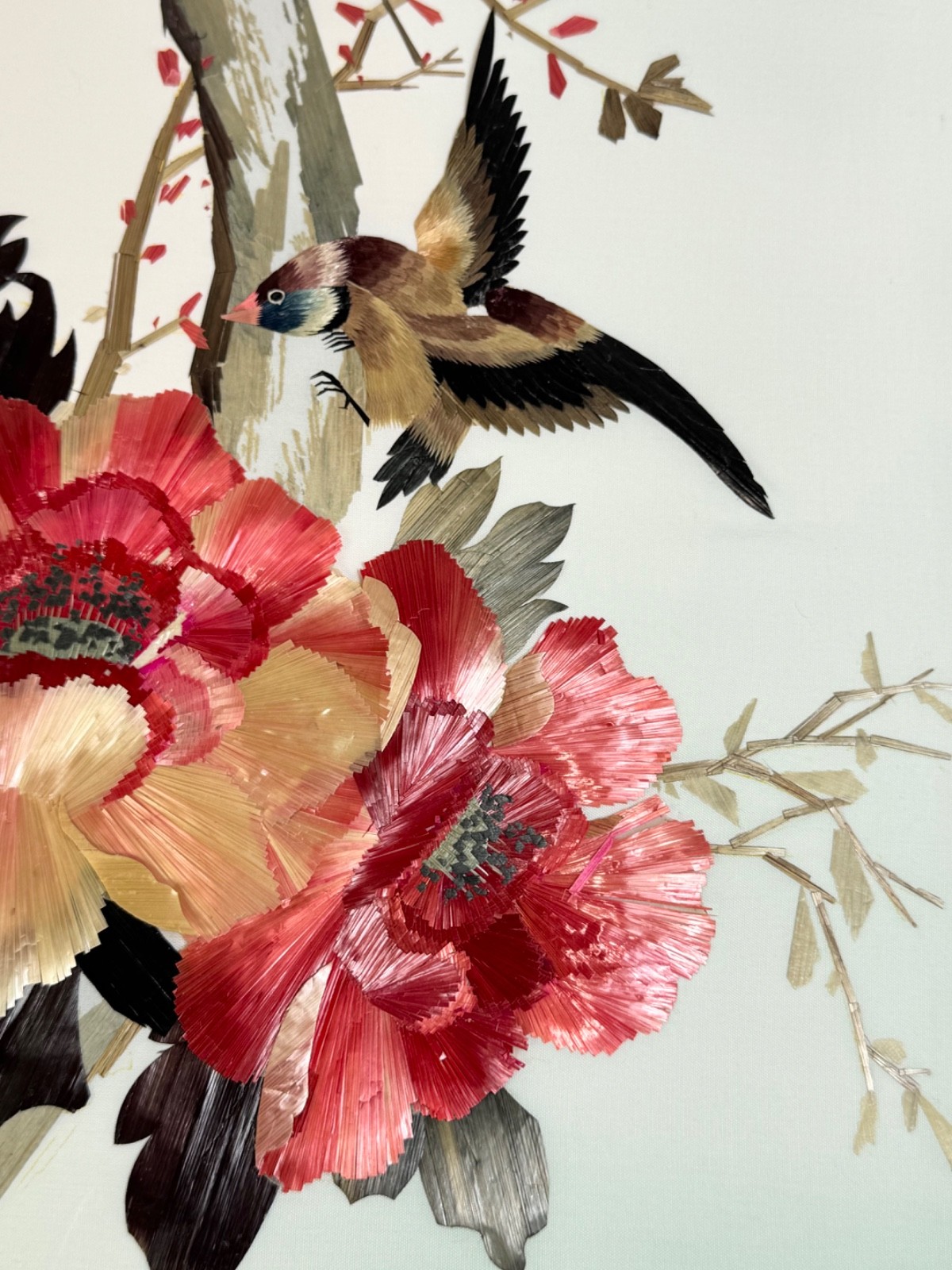 Vintage Chinese Wheat Straw Birds and Flowers Hand Crafted Art Panel 11×14 Inch