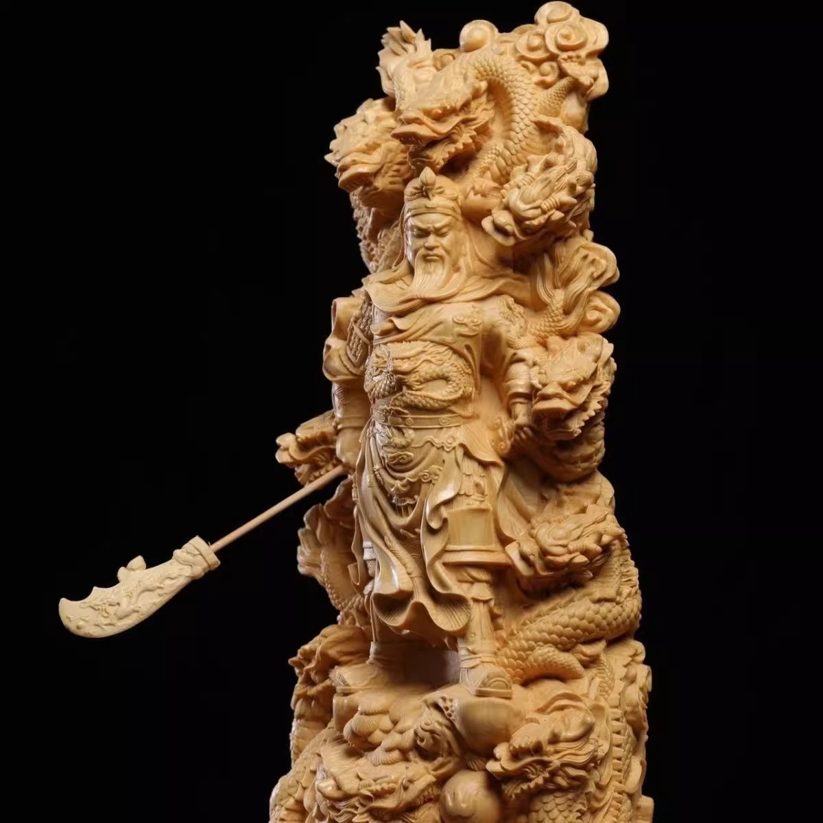 8″ Chinese Cypress Wood Carved Guan Yu Guan Gong Warrior Dragon Statue Figurine