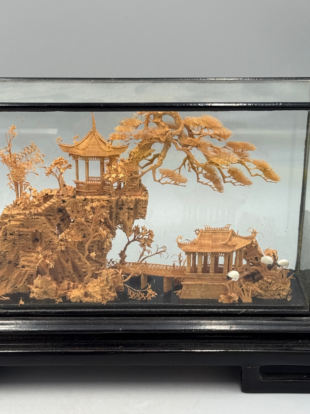 Mid 20th c. Chinese Fujian Cork Carving Landscape Diorama, Glass Display Case