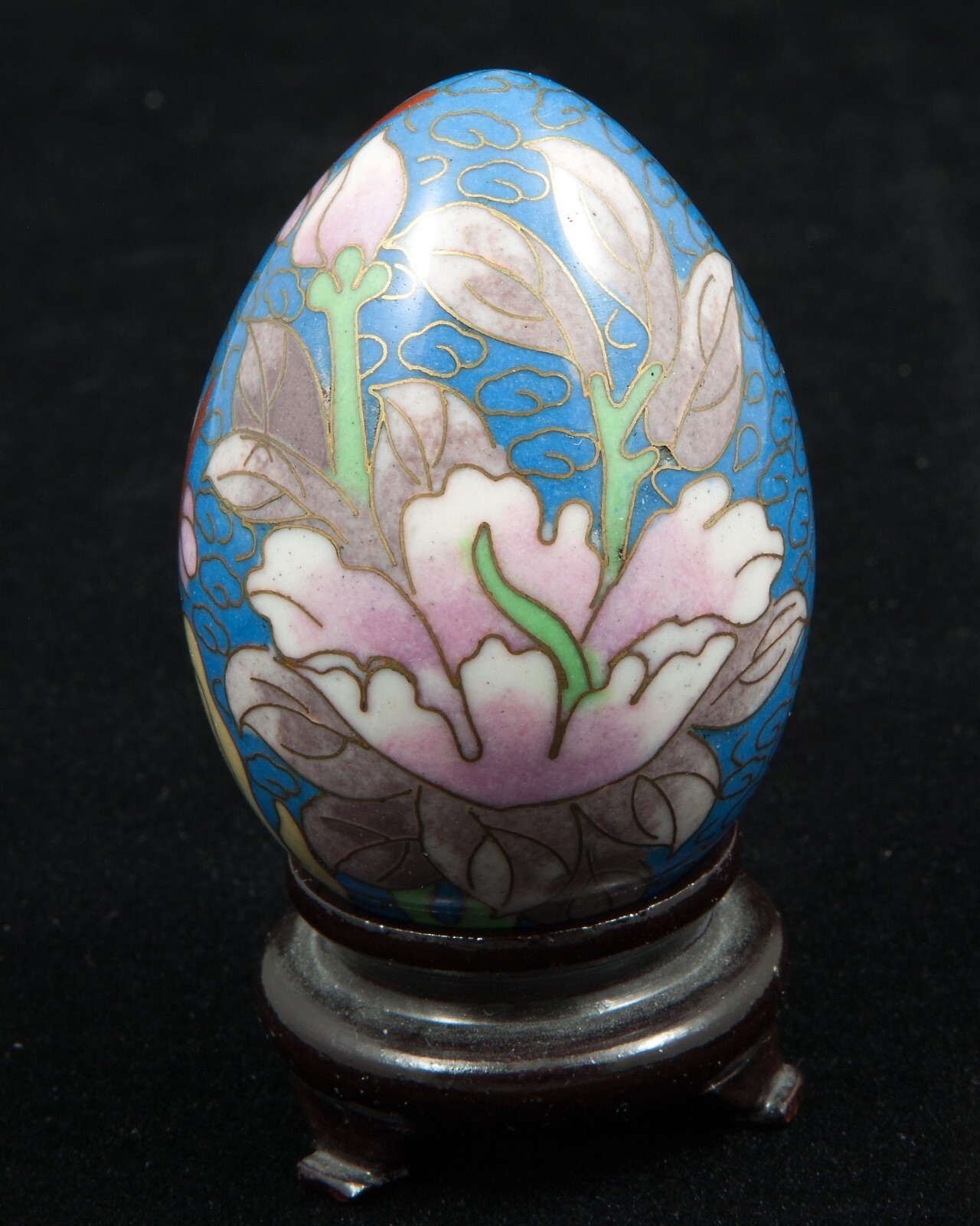 VTG Chinese Floral on Blue Cloisonne Enamel Metal Egg 2-1/2″ Tall w/Stand
