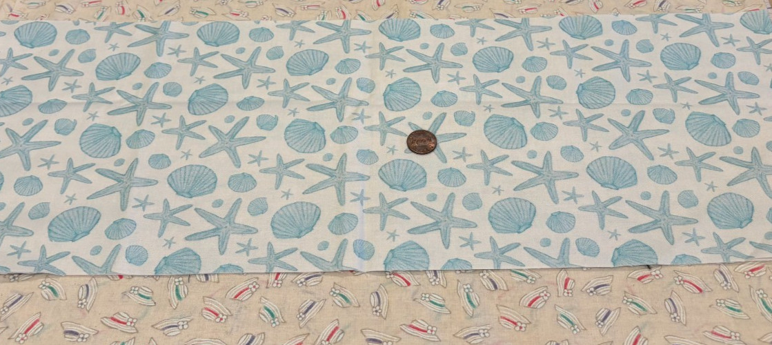 Seashells*Light Blue*on Sand*Cream* P&B Textiles* 100% Cotton Remnant* 8″ x 21″