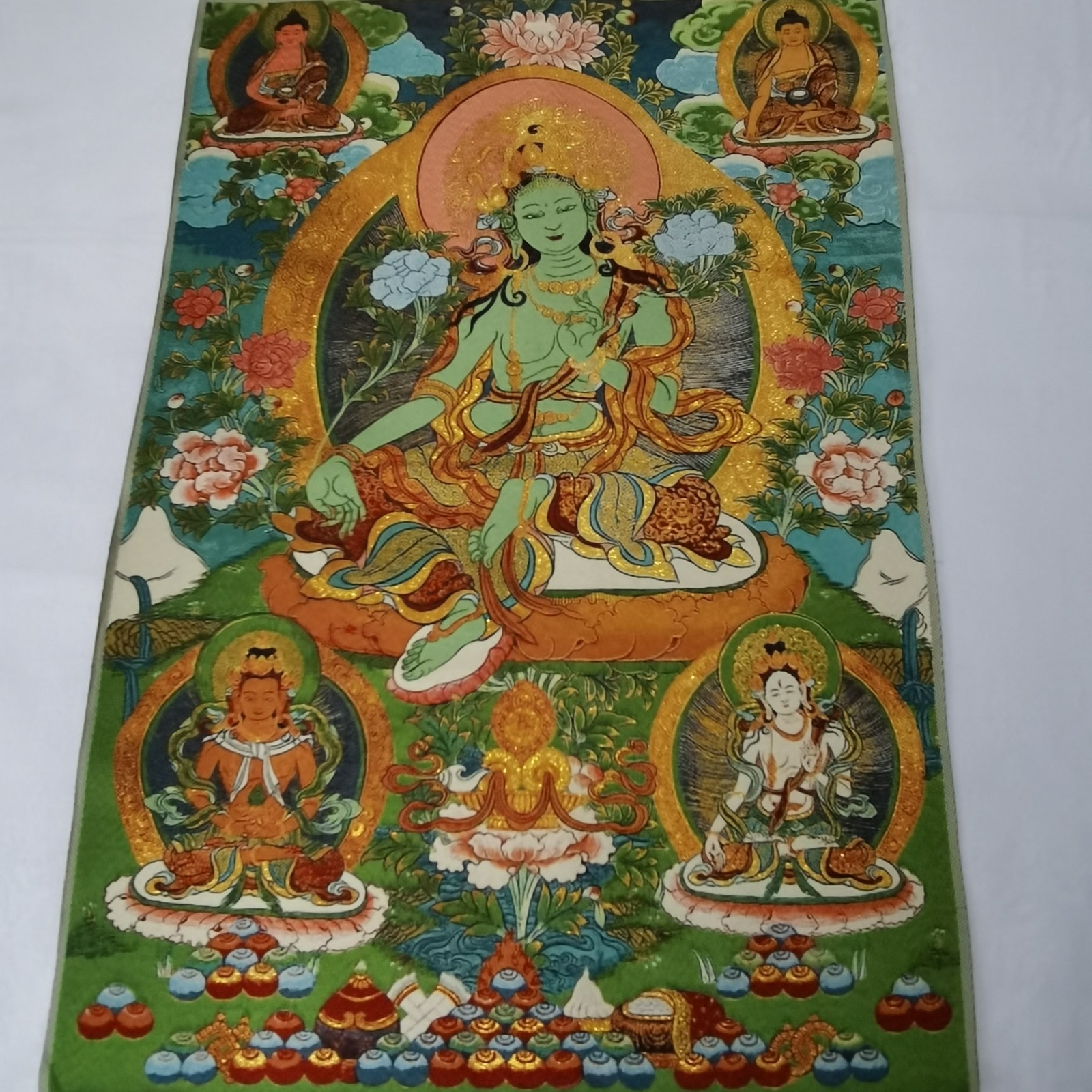 36″ Tibet Tibetan Cloth Silk Buddhism Green Tara Guanyin Tangka Thangka Mural 2