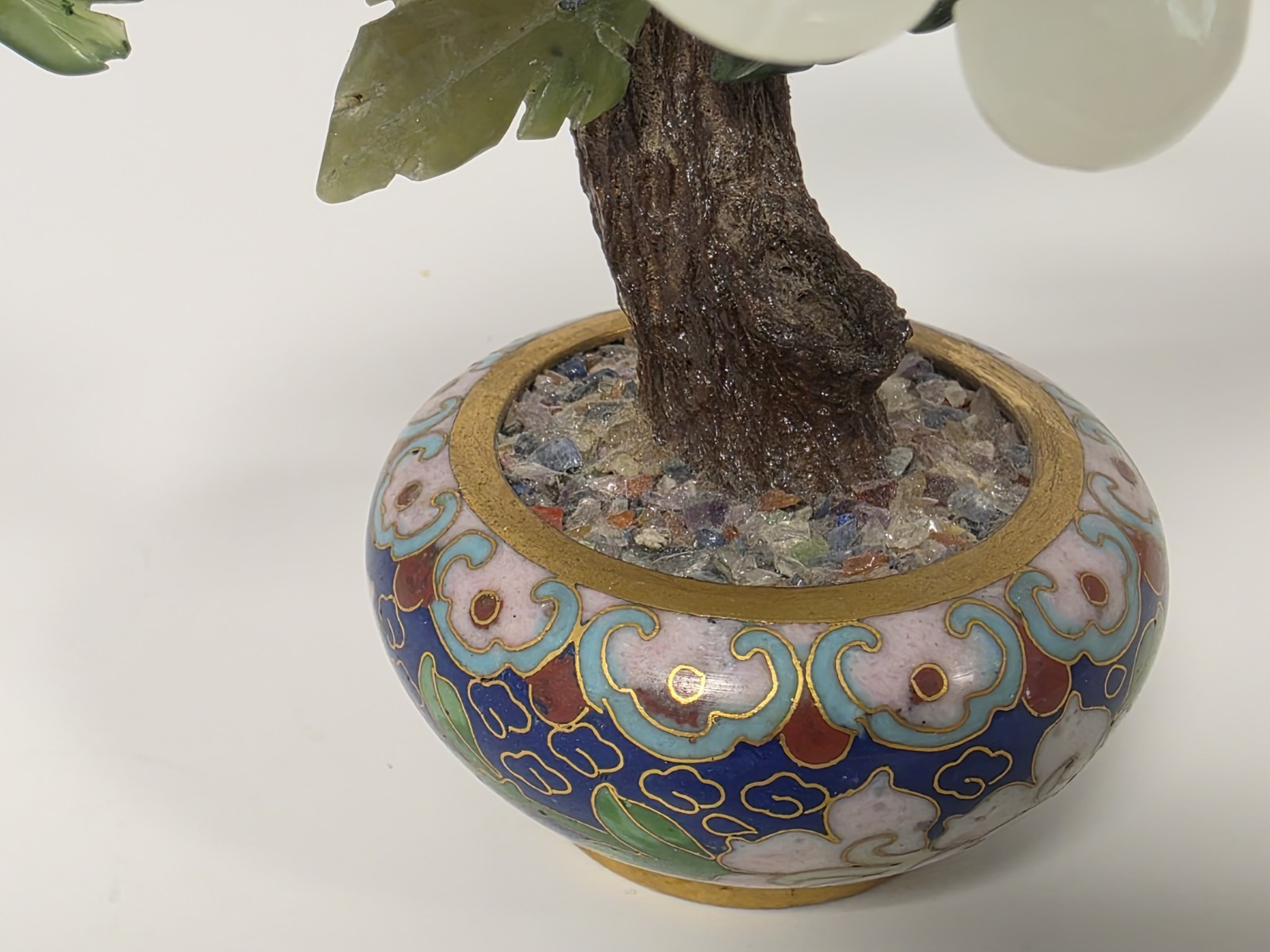Asian Bonsai Tree Blossom Cloisonne Floral Pot White And Green Stone Jade?