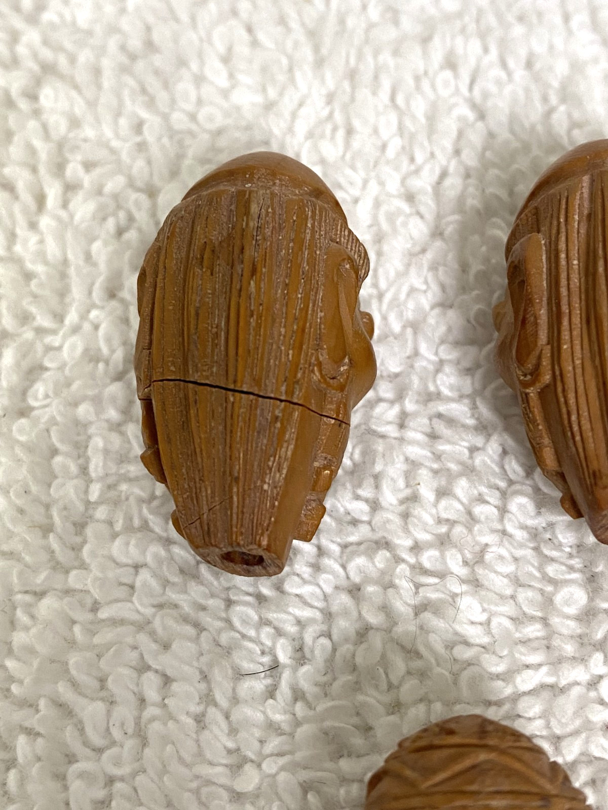 3 Chinese Hediao Deity Faces Symbols Hand Carved Nut Wood Beads 15/16″ – 1 1/8″
