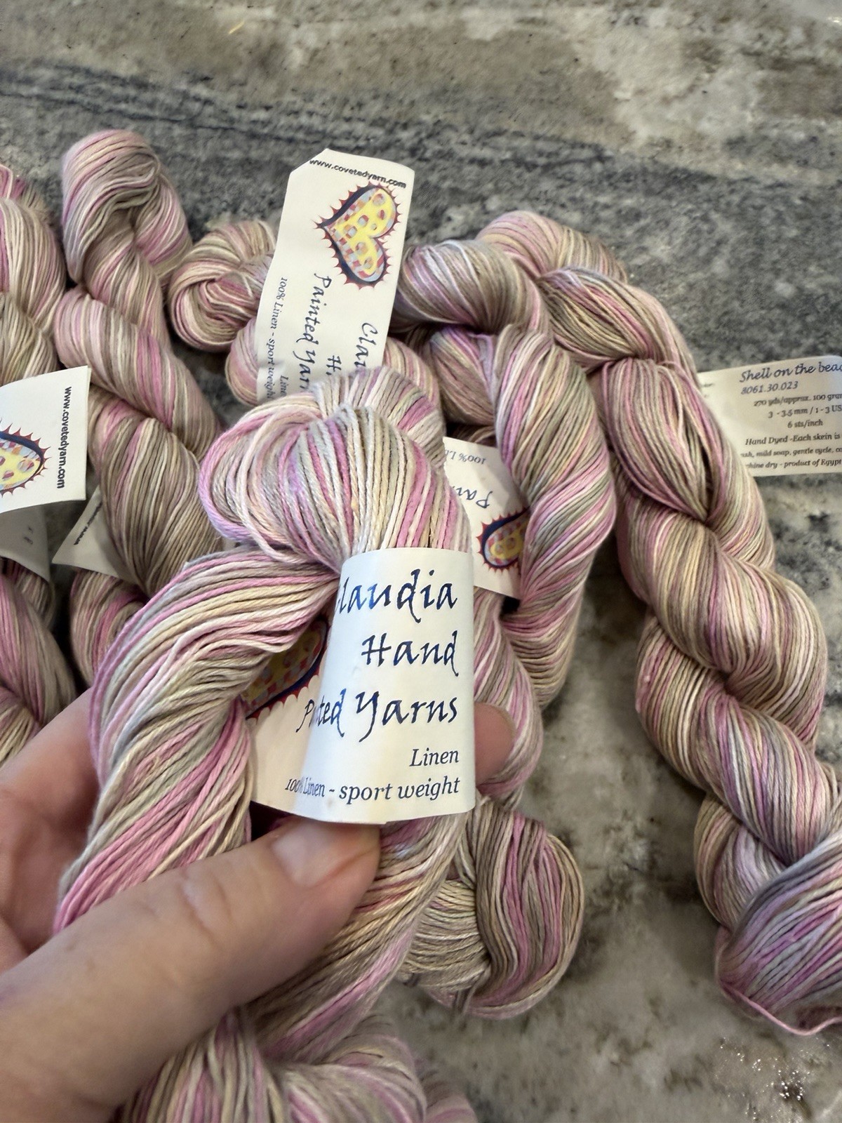 7 hanks Hand Dyed Yarns linen sport hand dyed variegated yarn lot pink beige
