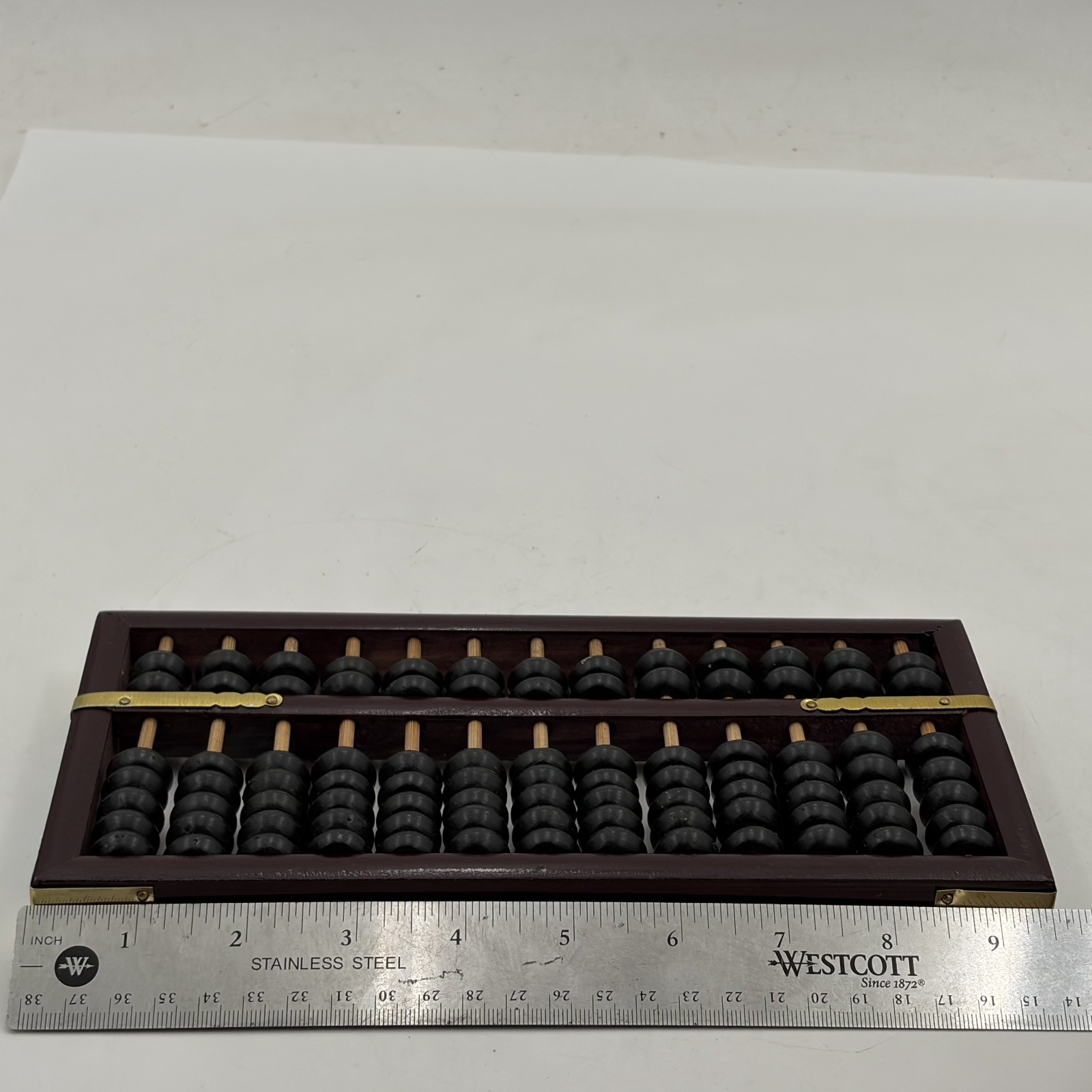 Vintage Chinese Abacus 13 Row 91 Bead Wood & Brass Lotus Flower Brand Calculator