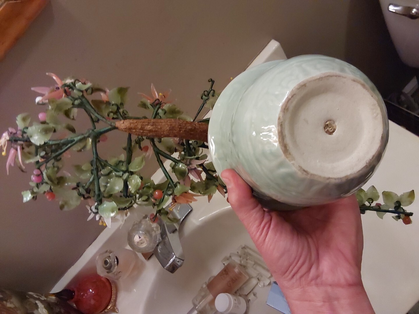 Vintage Jade & Glass Bonsai Tree Multi-Color Chrysanthemum Blossoms Celadon Pot